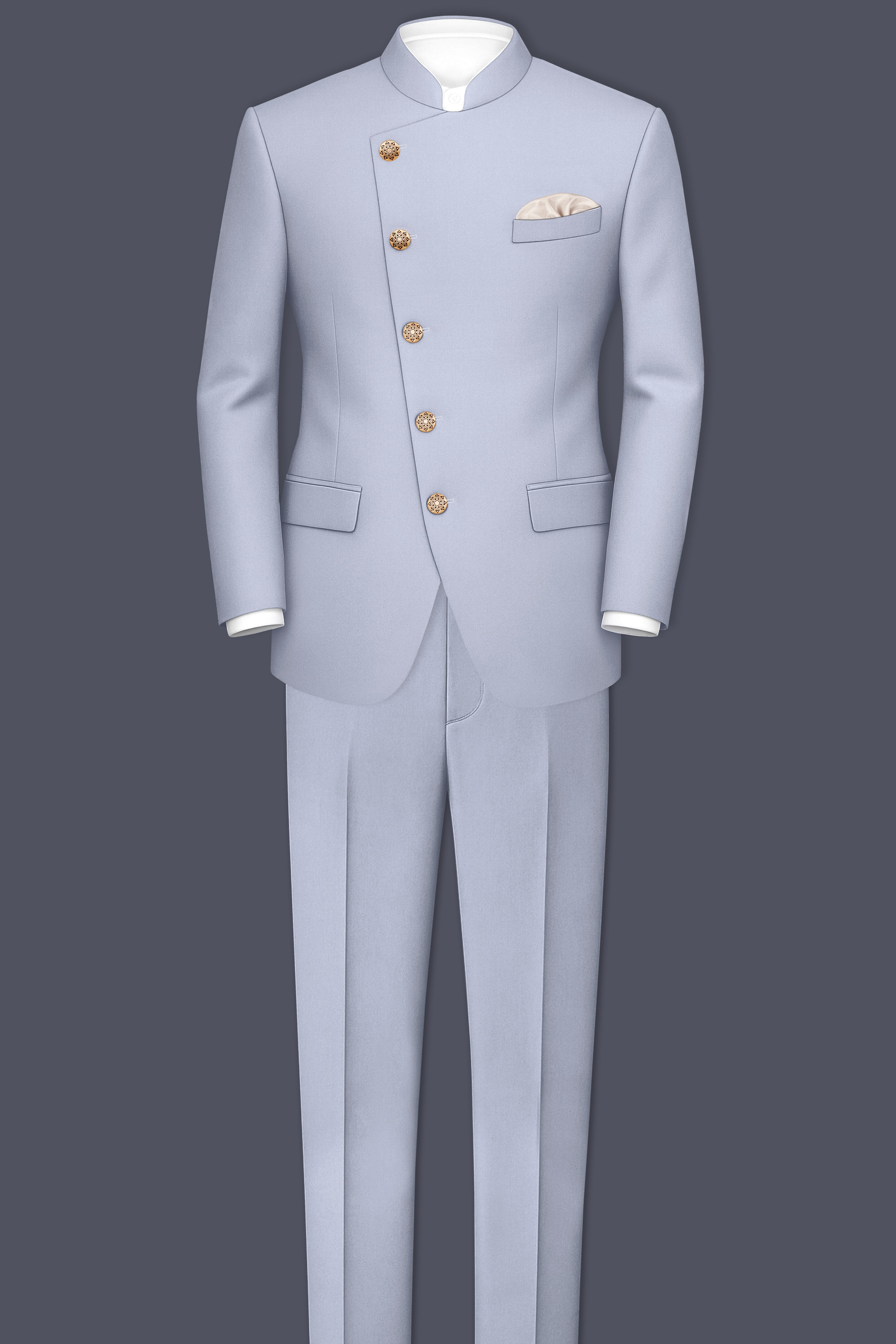 Silgrove-Loblolly Gray Wool Rich Cross Placket Bandhgala Stretchable Traveler Suit