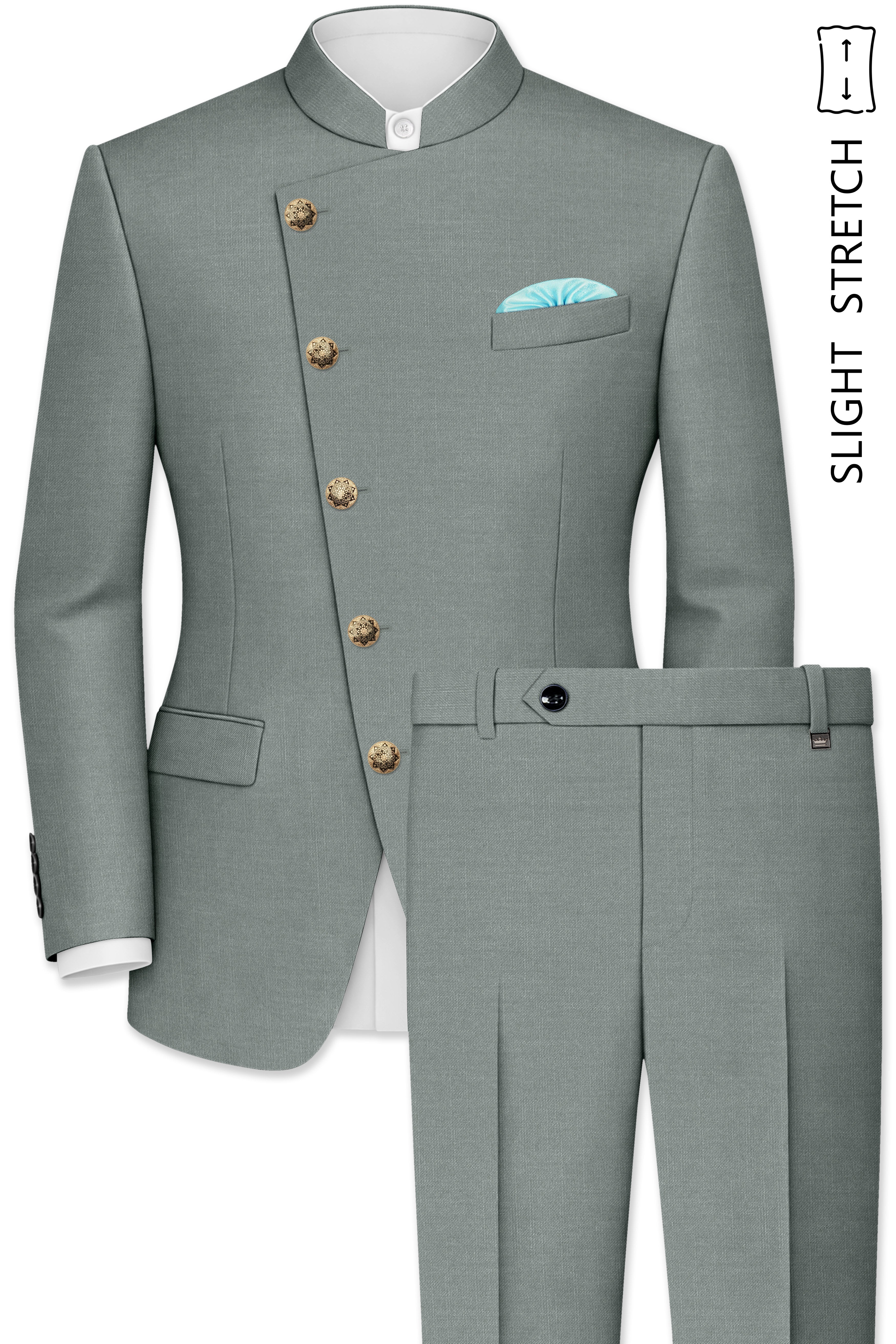 Travliam-William Green Wool Rich Cross Placket Bandhgala Slight Stretch Suit