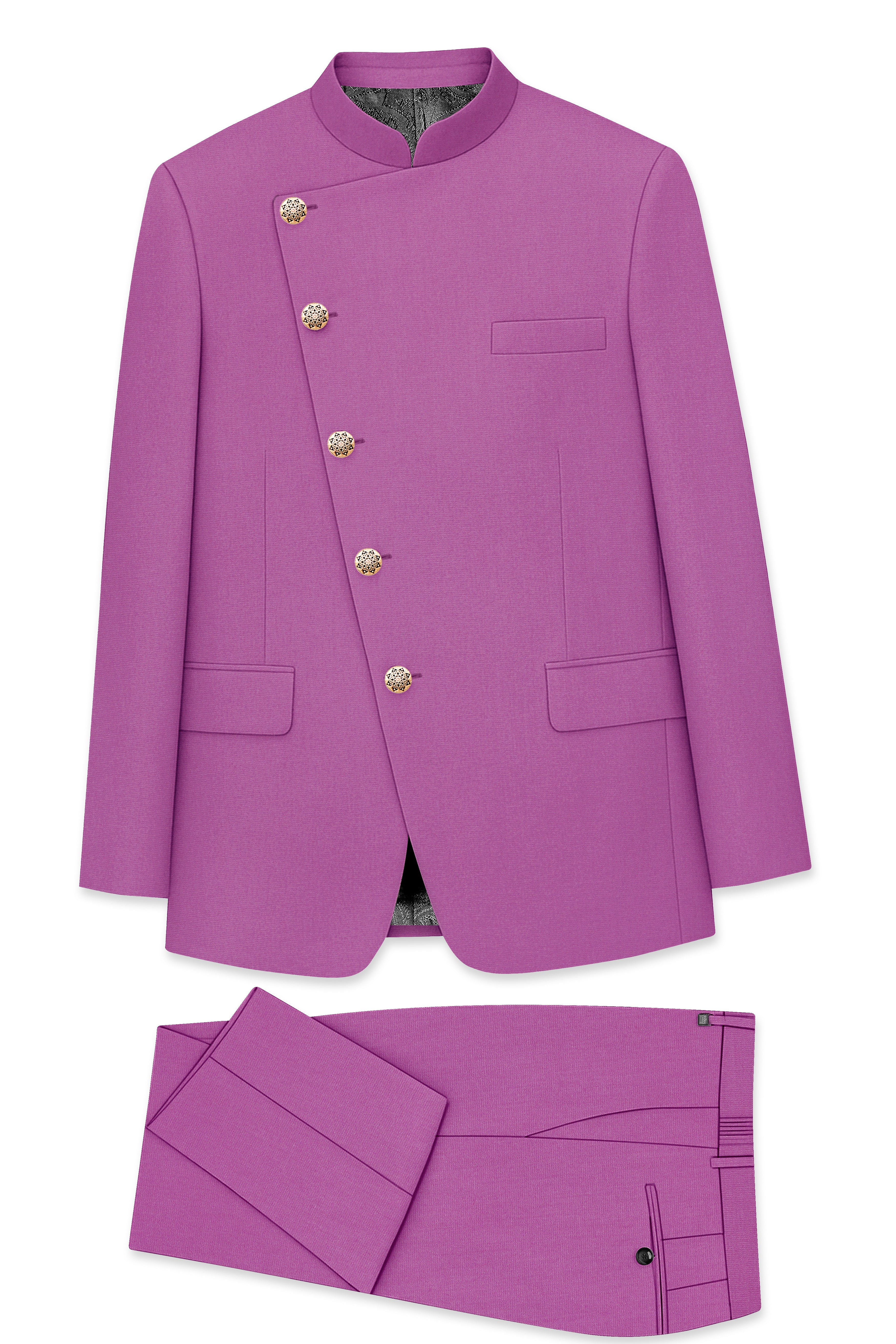 Rosvoy-Trendy Pink Wool Rich Cross Placket Bandhgala Stretchable Traveler Suit