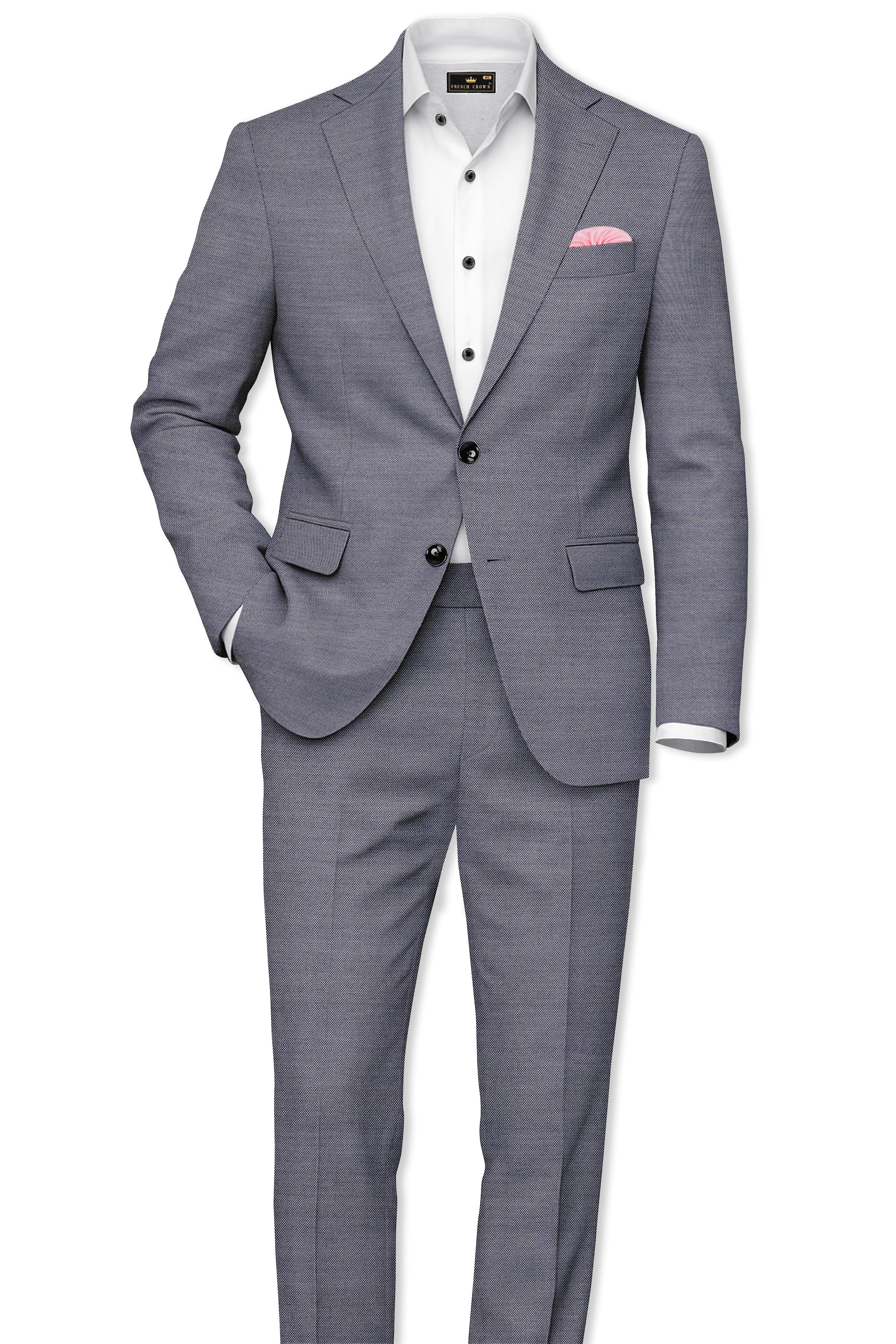 Herrivell-Martinique Blue Herringbone Textured Wool Rich Single Breasted Suit