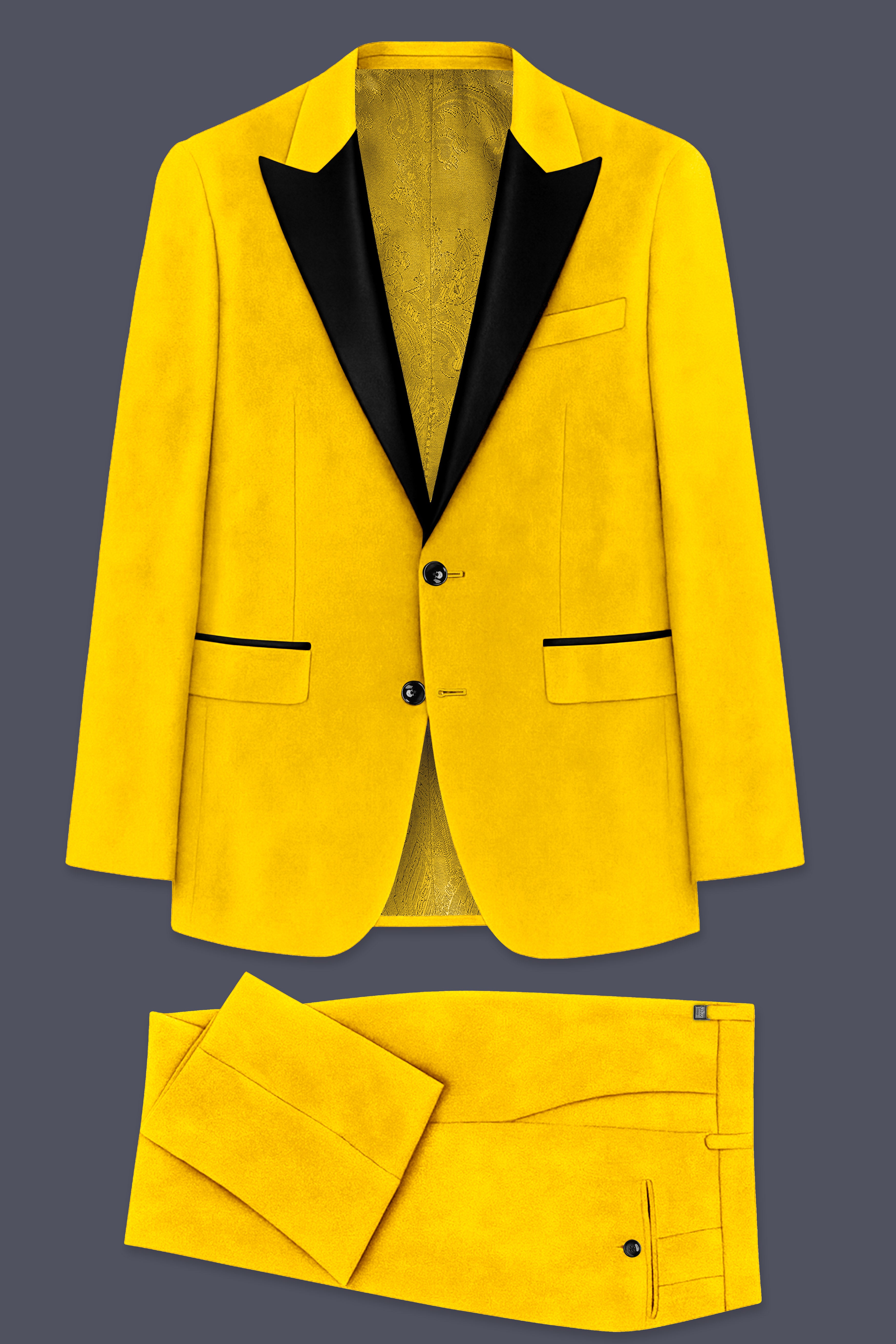 Safvell-Mustard Yellow Velvet Peak Lapel Tuxedo Suit