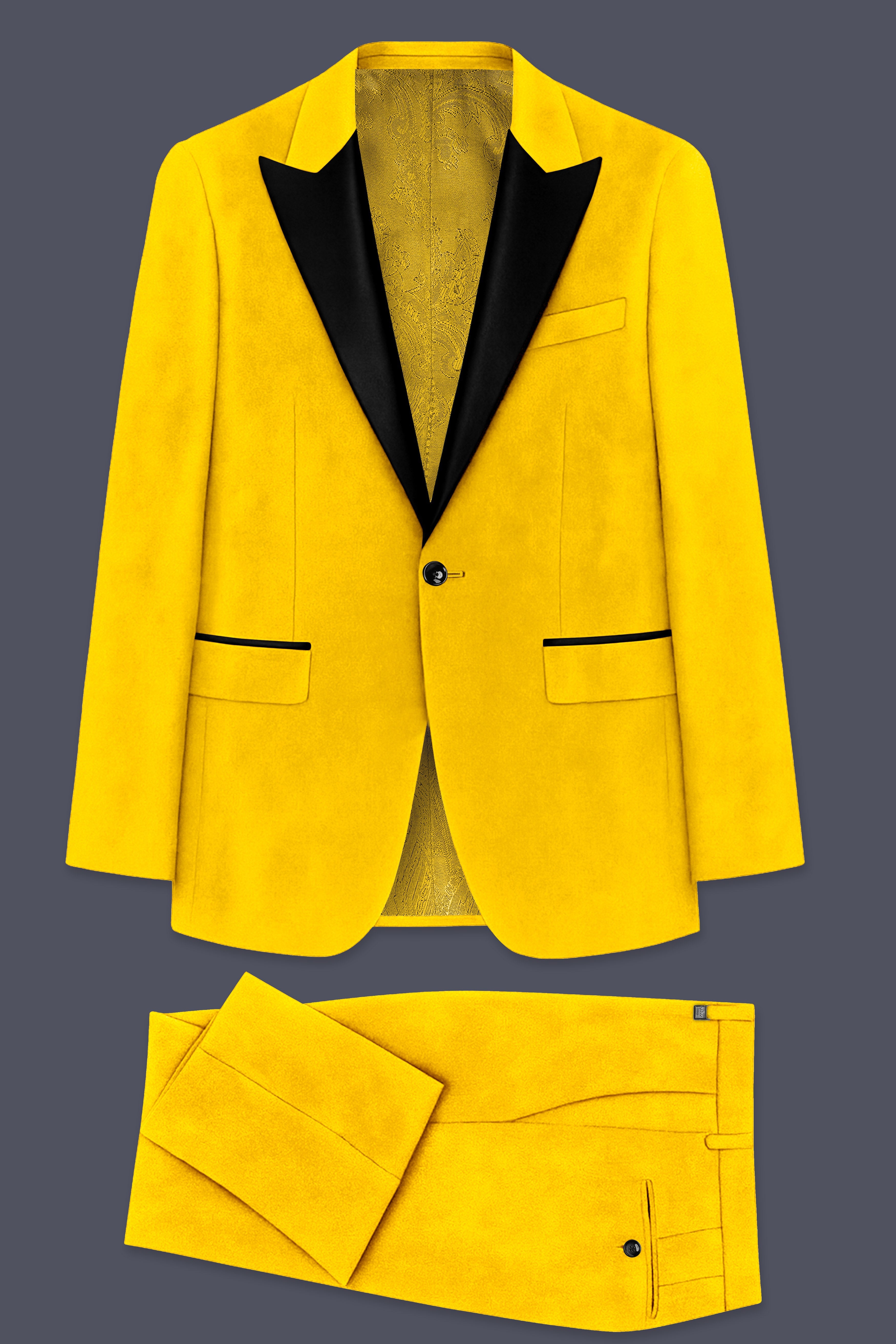 Safvell-Mustard Yellow Velvet Peak Lapel Tuxedo Suit