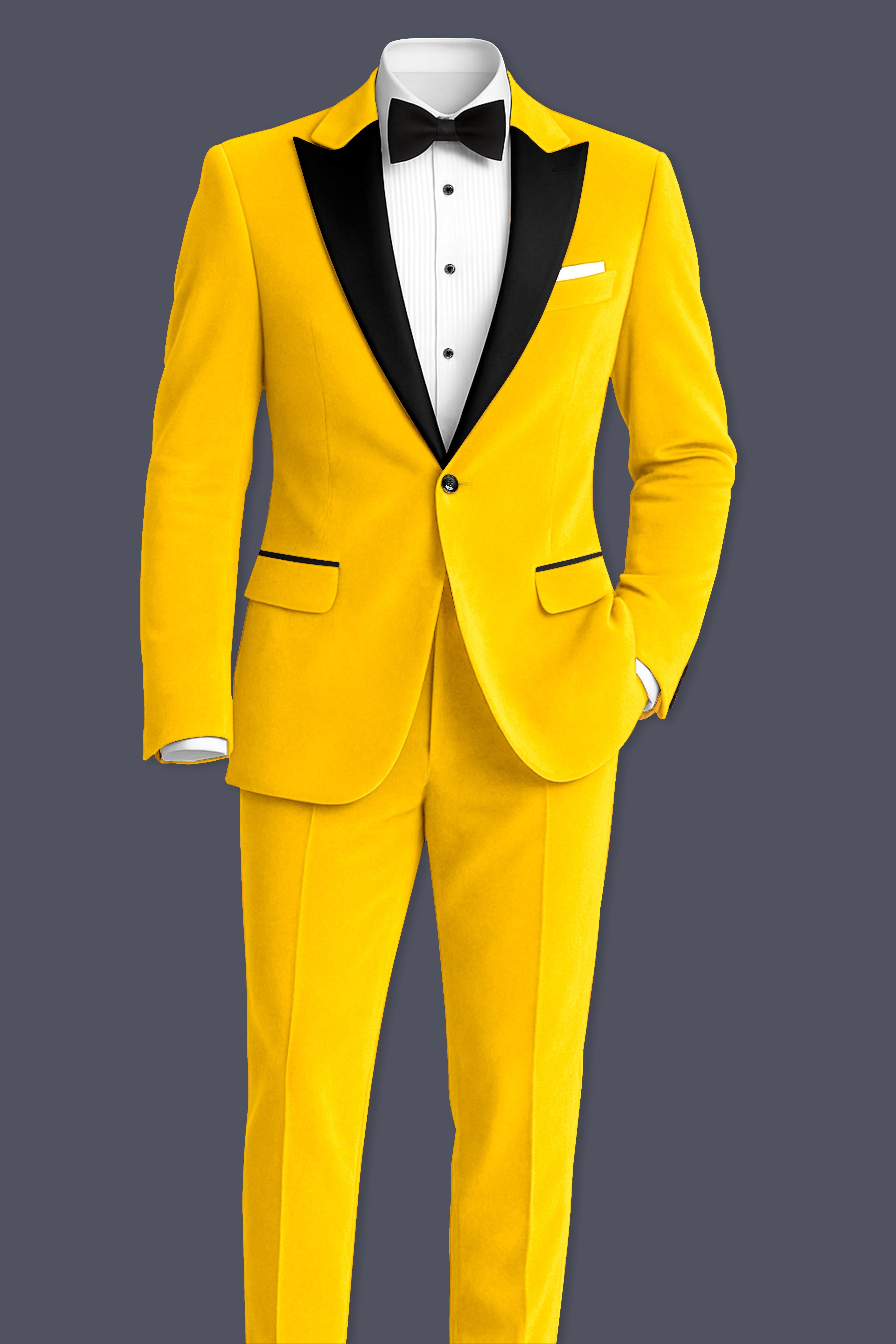 Safvell-Mustard Yellow Velvet Peak Lapel Tuxedo Suit
