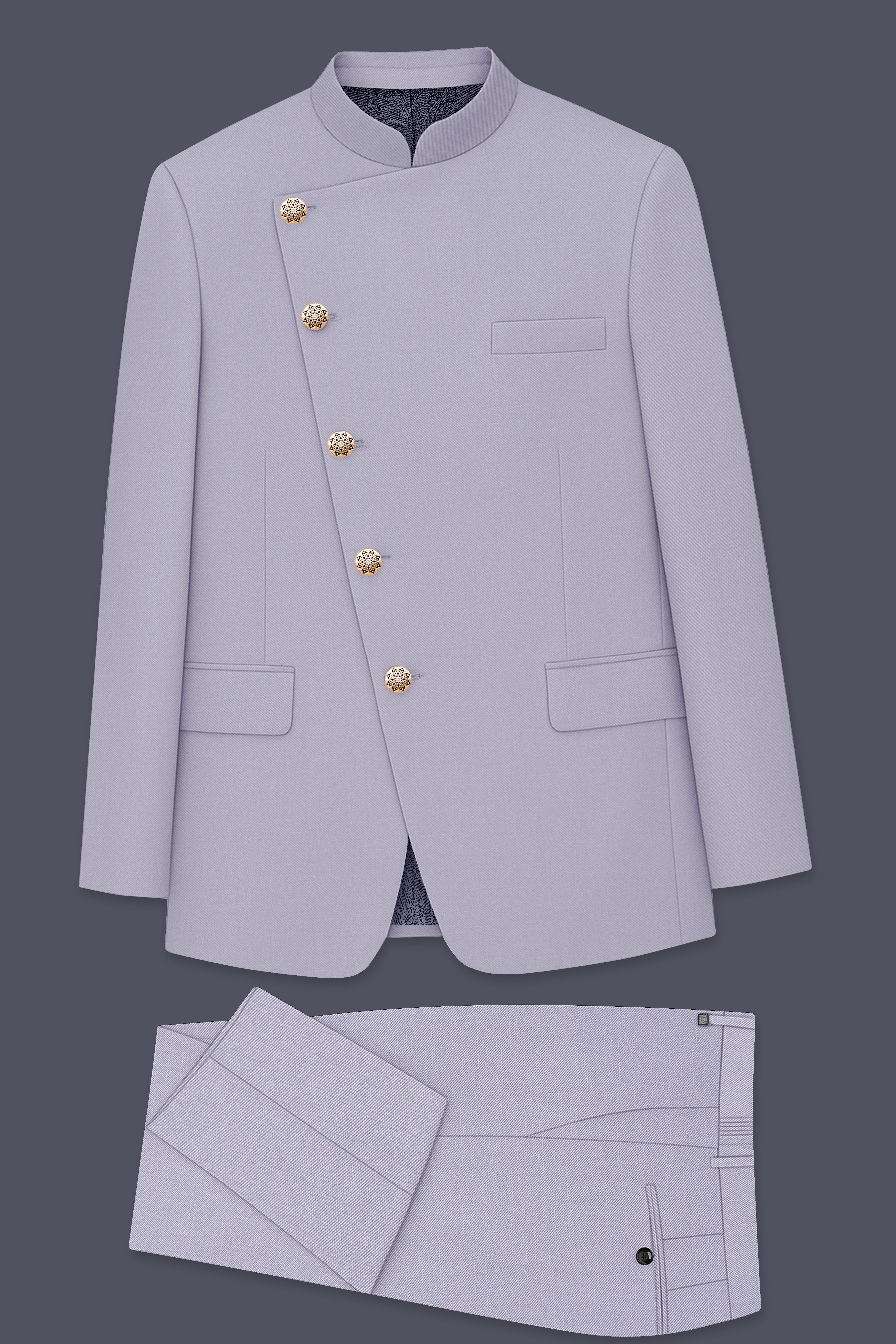 Mistivell-Mountain Mist Gray Wool Rich Cross Placket Bandhgala Stretchable traveler Suit