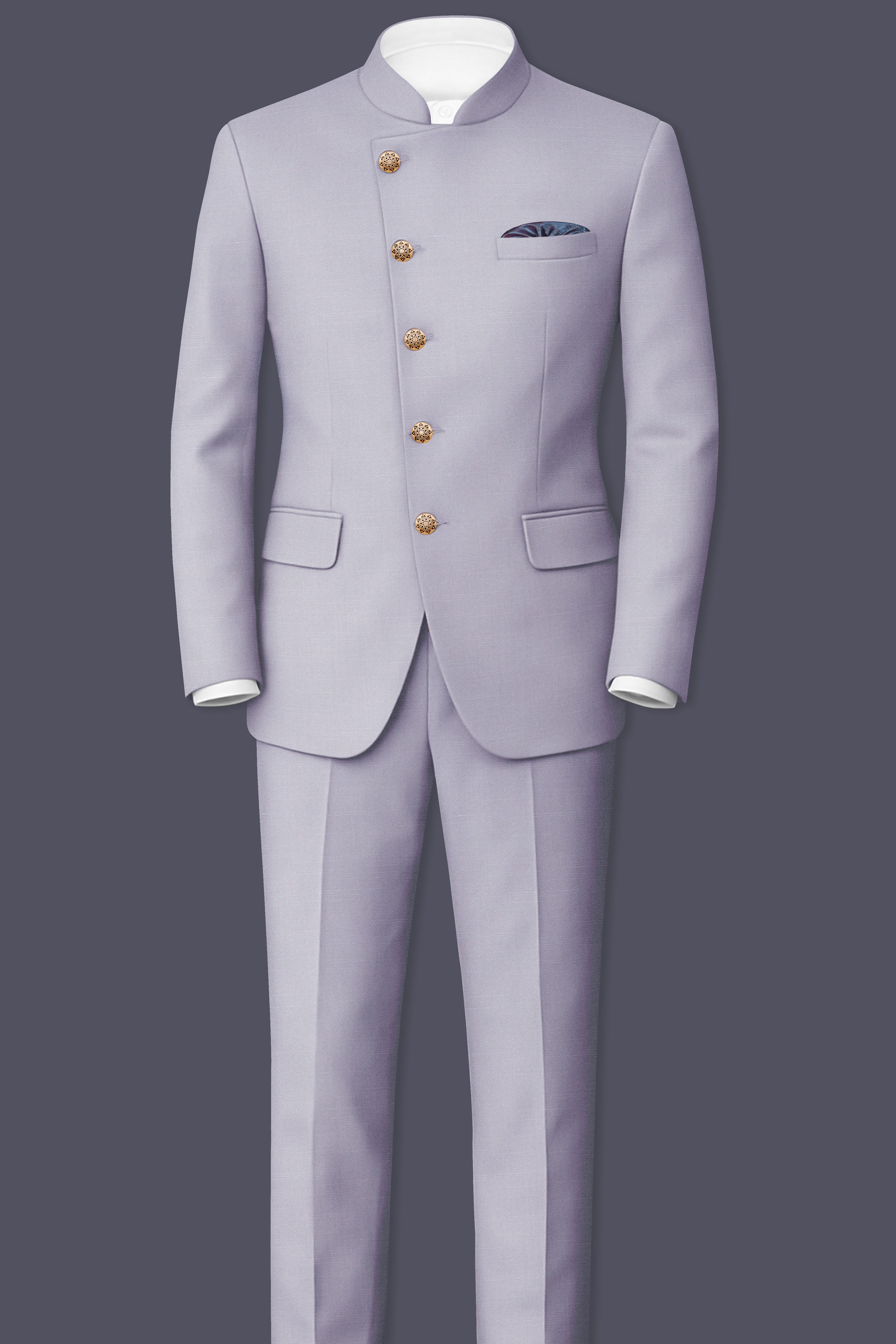 Mistivell-Mountain Mist Gray Wool Rich Cross Placket Bandhgala Stretchable traveler Suit