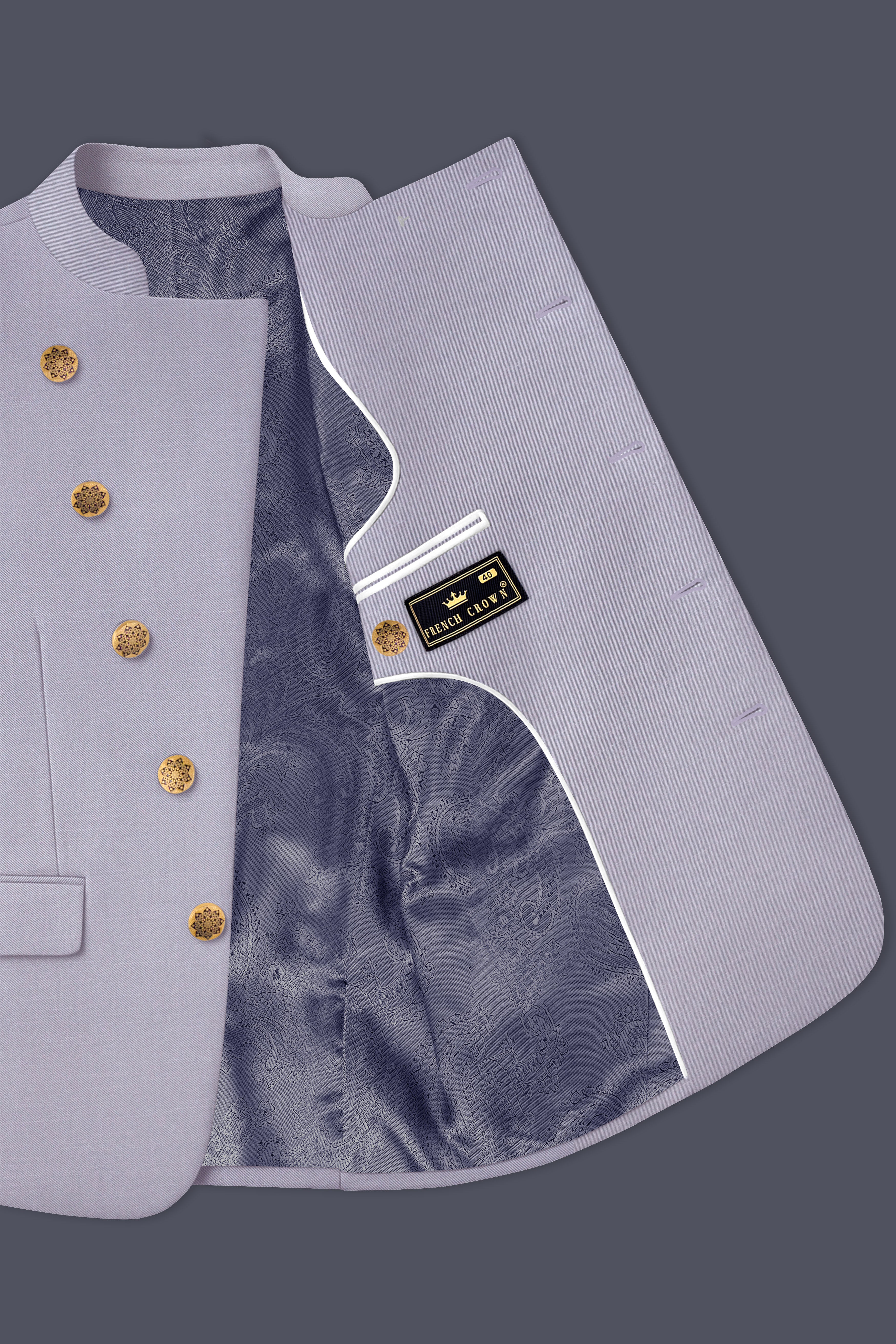 Mistivell-Mountain Mist Gray Wool Rich Cross Placket Bandhgala Stretchable traveler Suit
