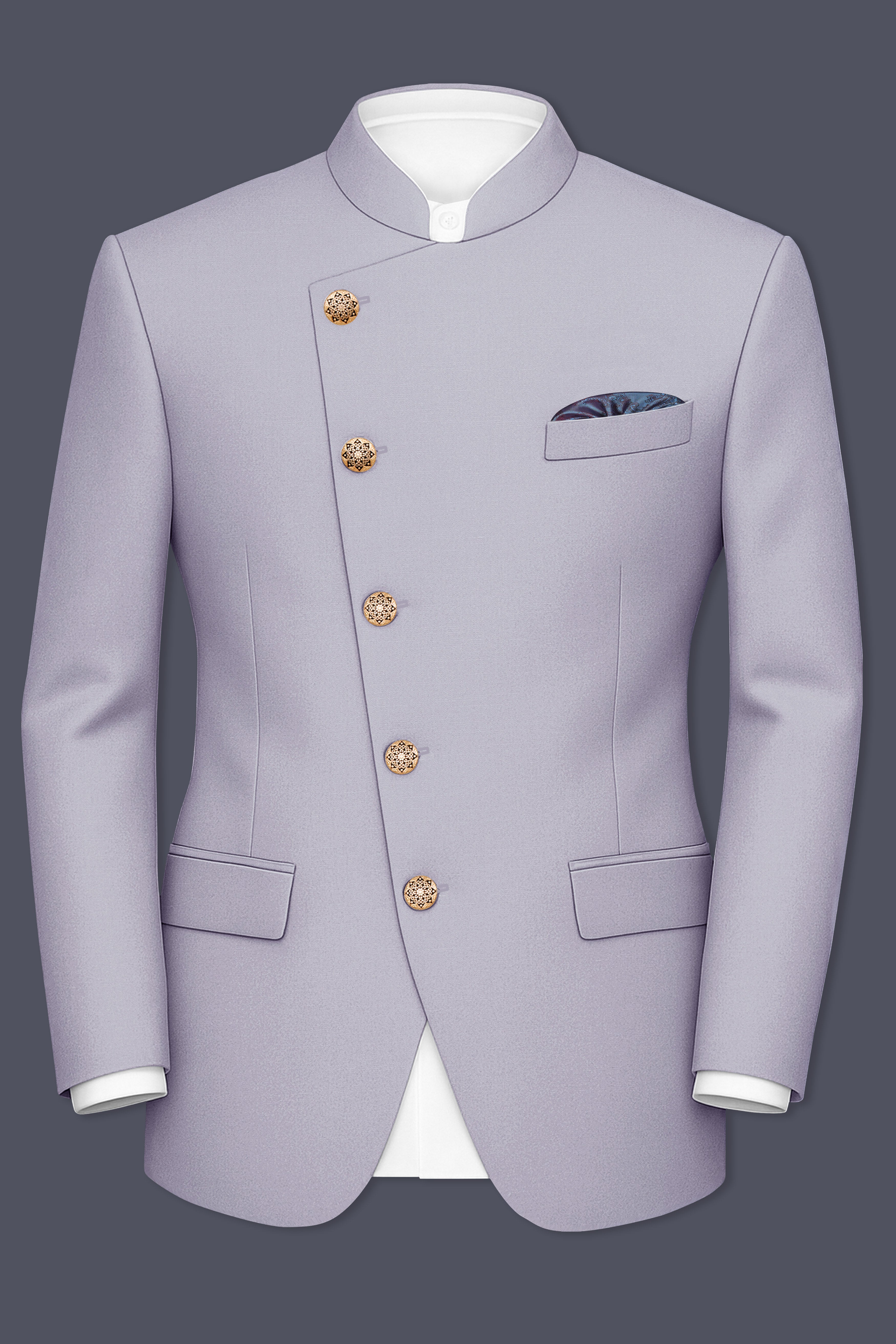 Mistivell-Mountain Mist Gray Wool Rich Cross Placket Bandhgala Stretchable traveler Suit