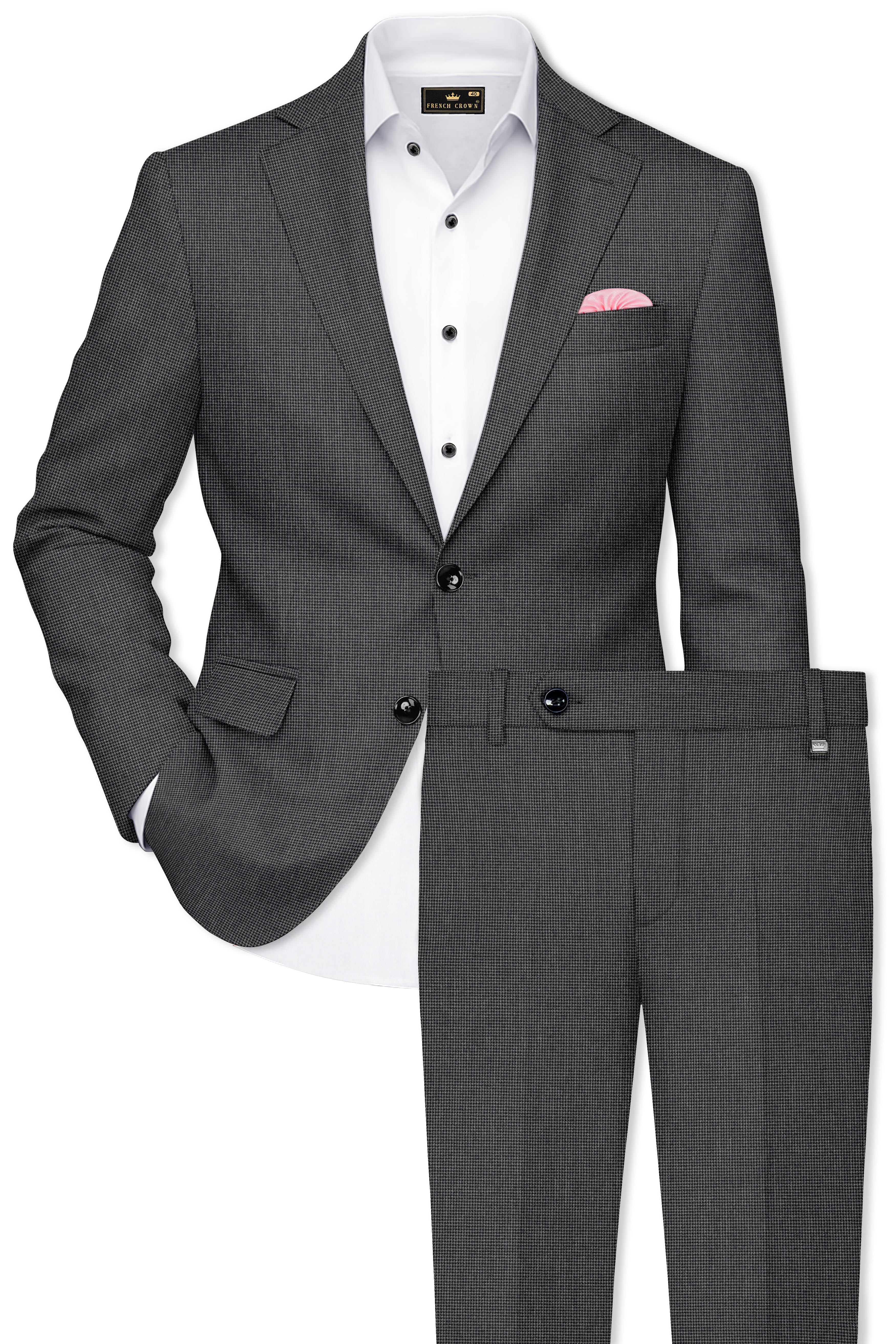 Cinerro-Tuatara Gray Wool Rich houndstooth Textured Single Breasted Suit