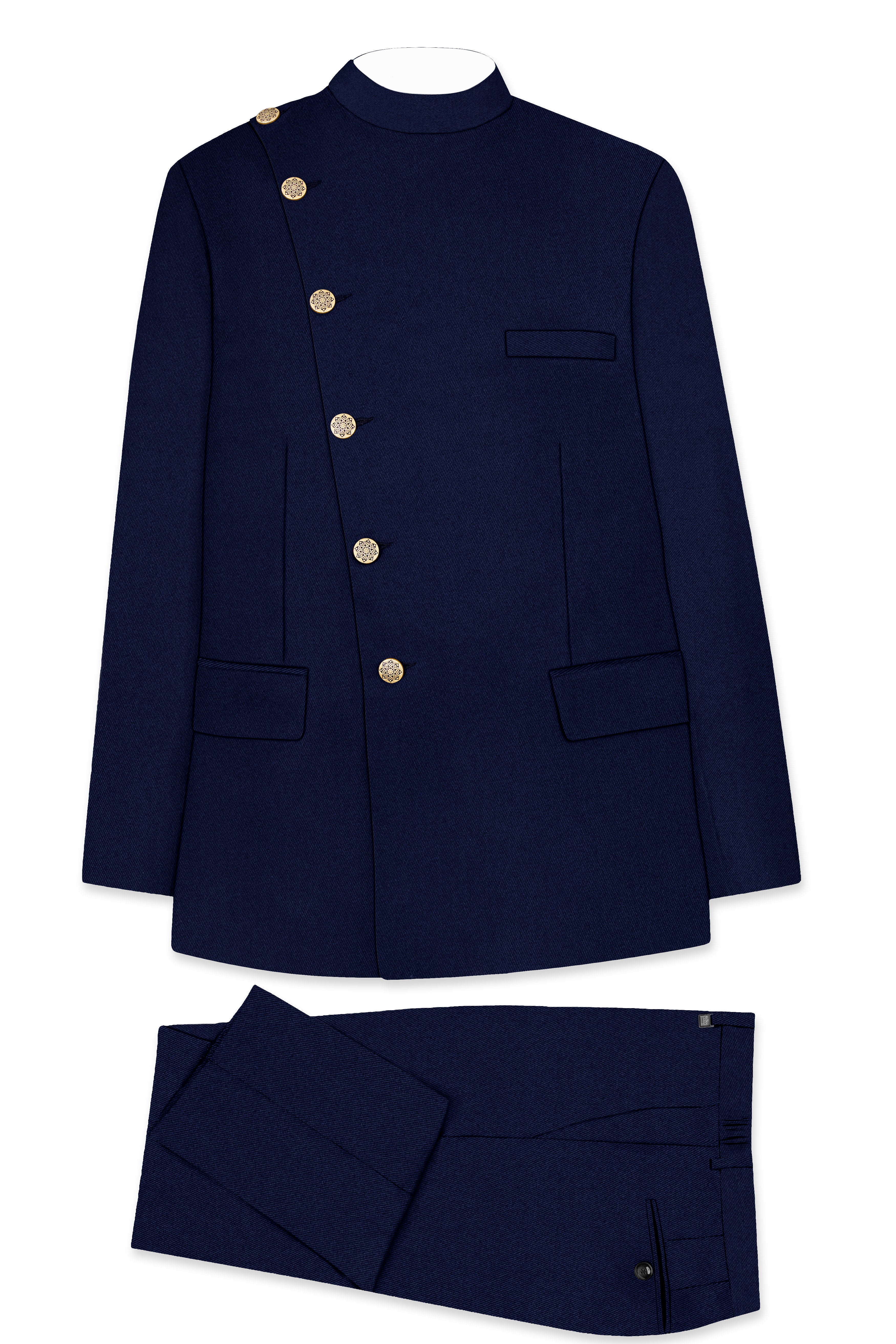 Indavor-Cinder Blue Wool Rich Cross Placket Bandhgala Suit