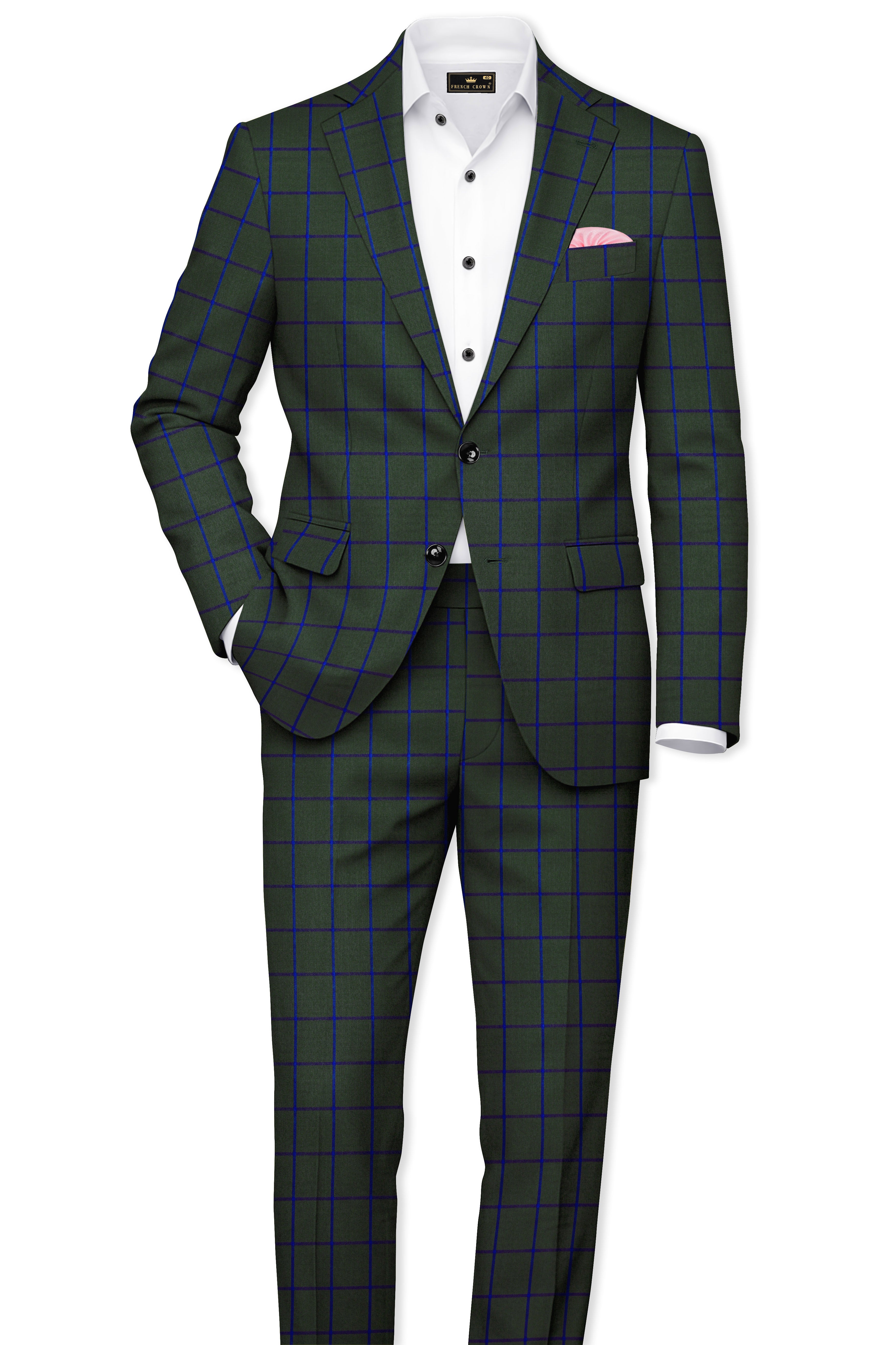 Virenzor-Thunder Green Windowpane Wool Rich Single Breasted Suit