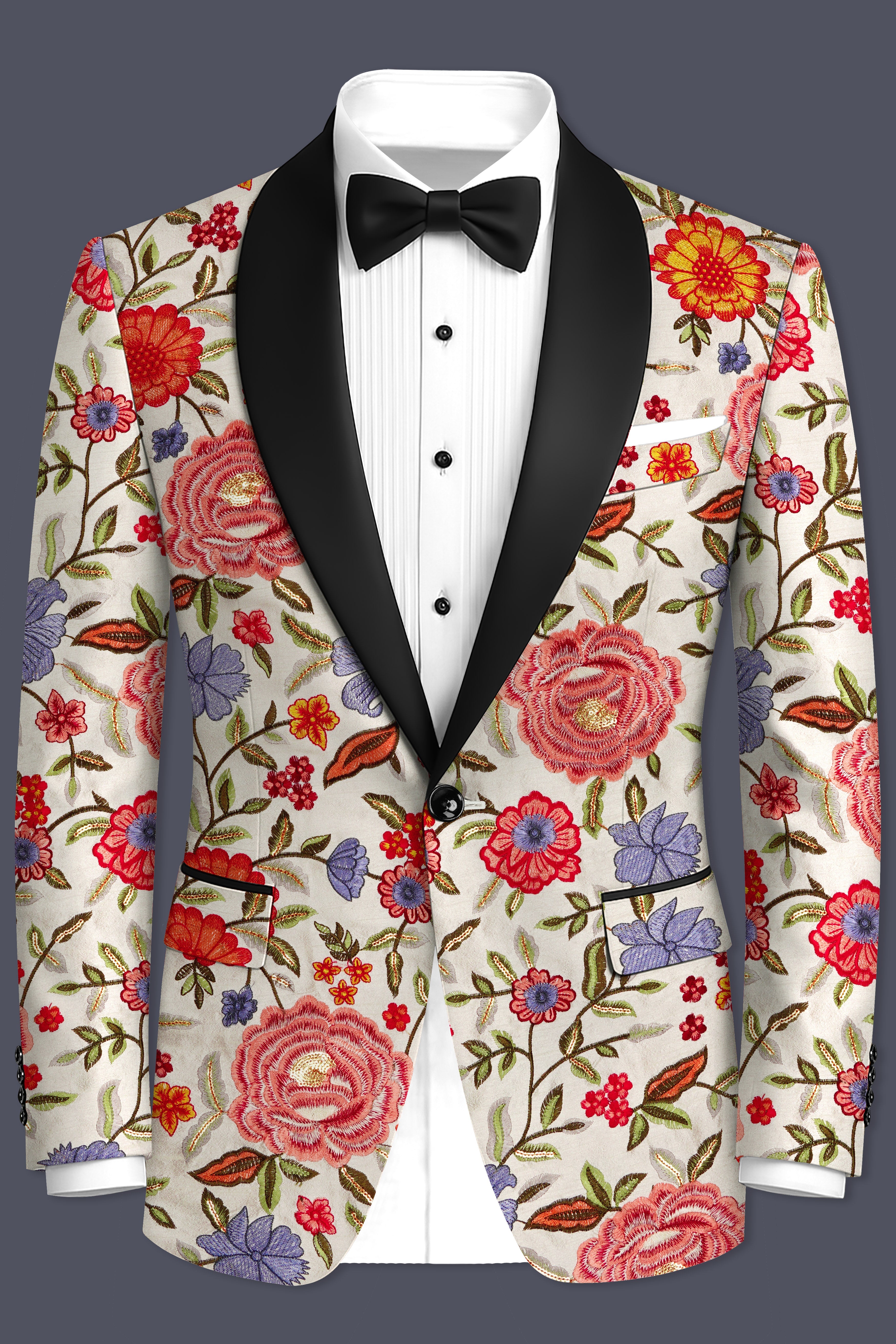 Floravon-Fantast Cream Multi Color Floral Cotton Thread Embroidered Designer Tuxedo Suit