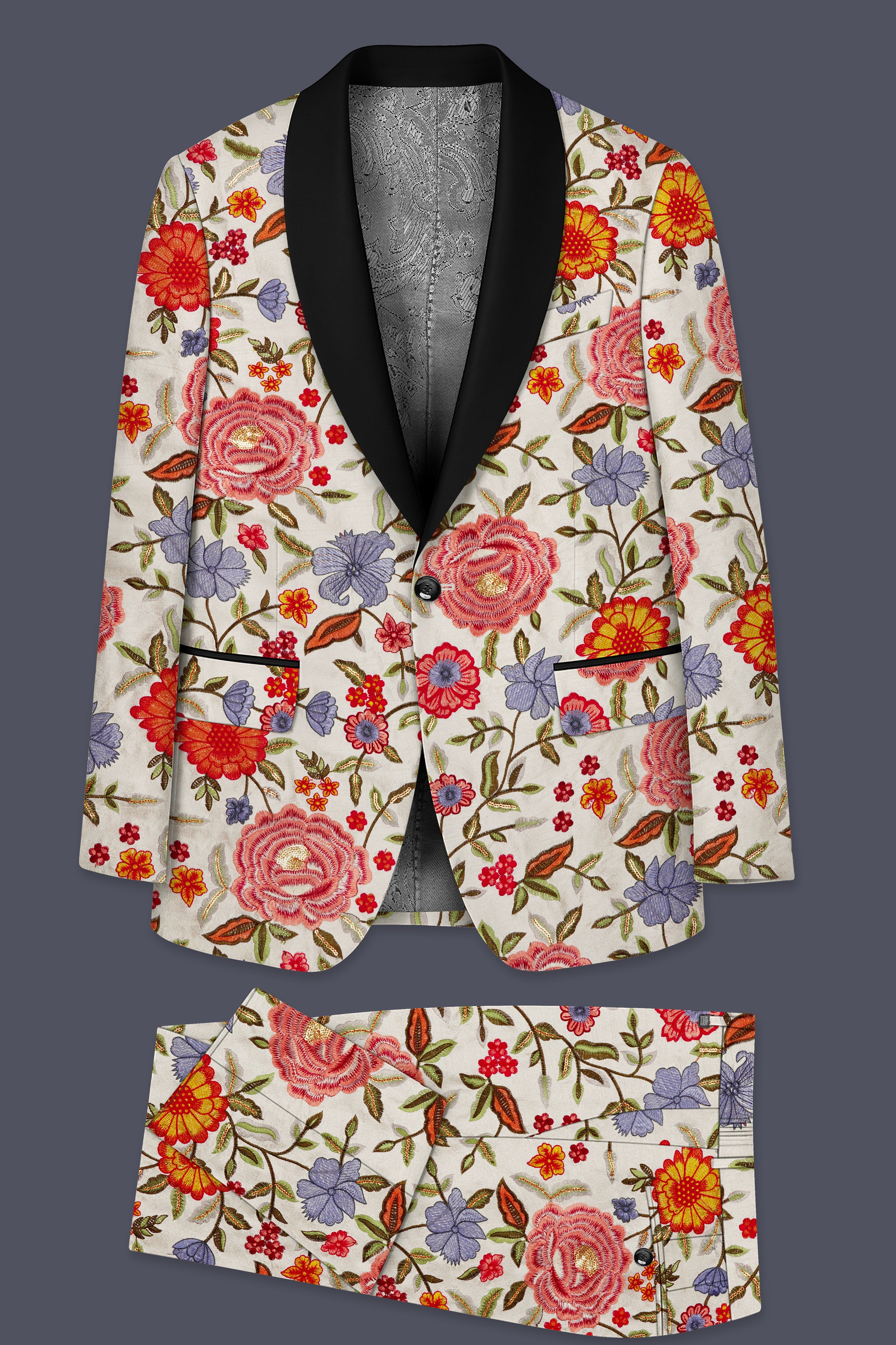 Floravon-Fantast Cream Multi Color Floral Cotton Thread Embroidered Designer Tuxedo Suit