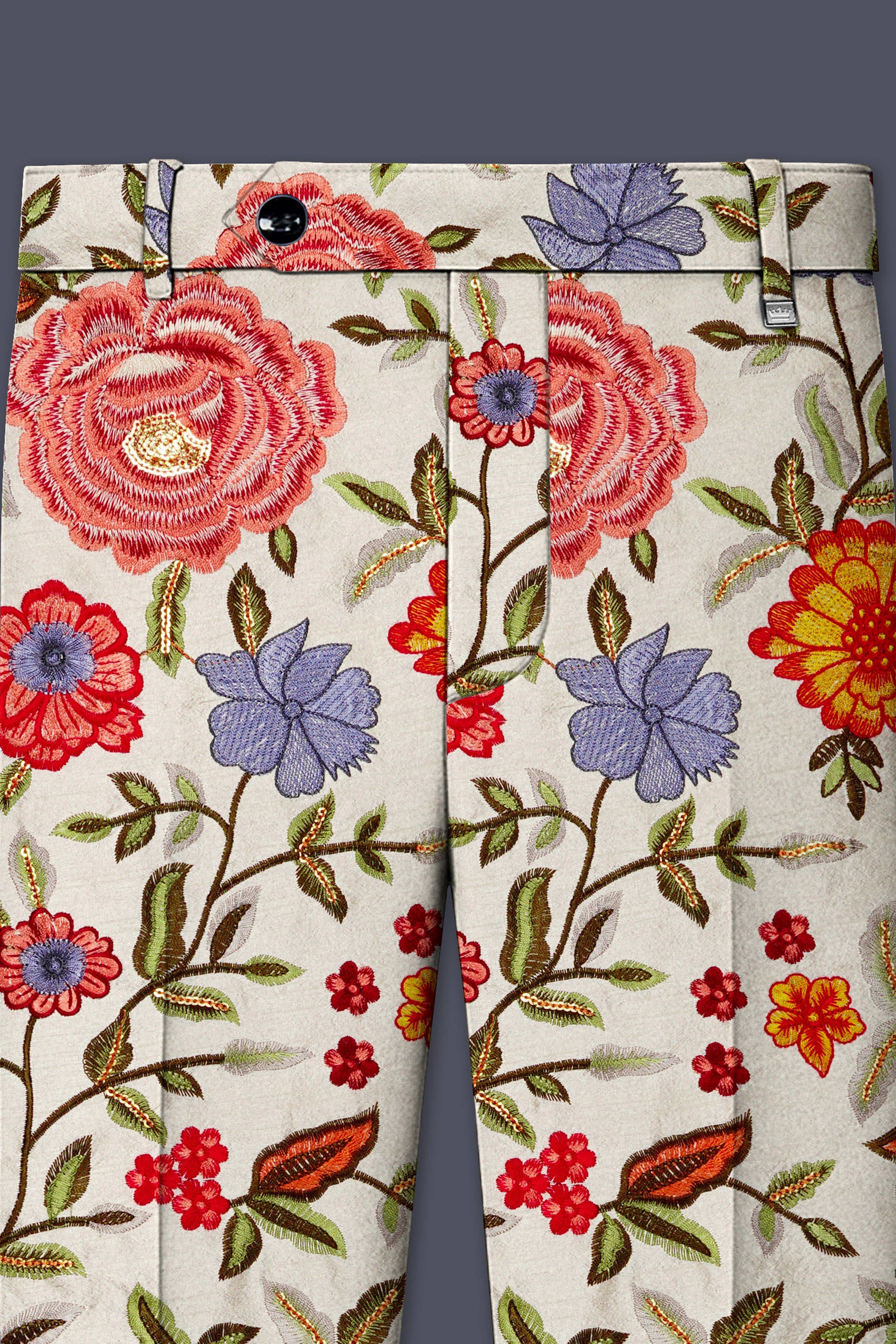 Floravon-Fantast Cream Multi Color Floral Cotton Thread Embroidered Designer Tuxedo Suit
