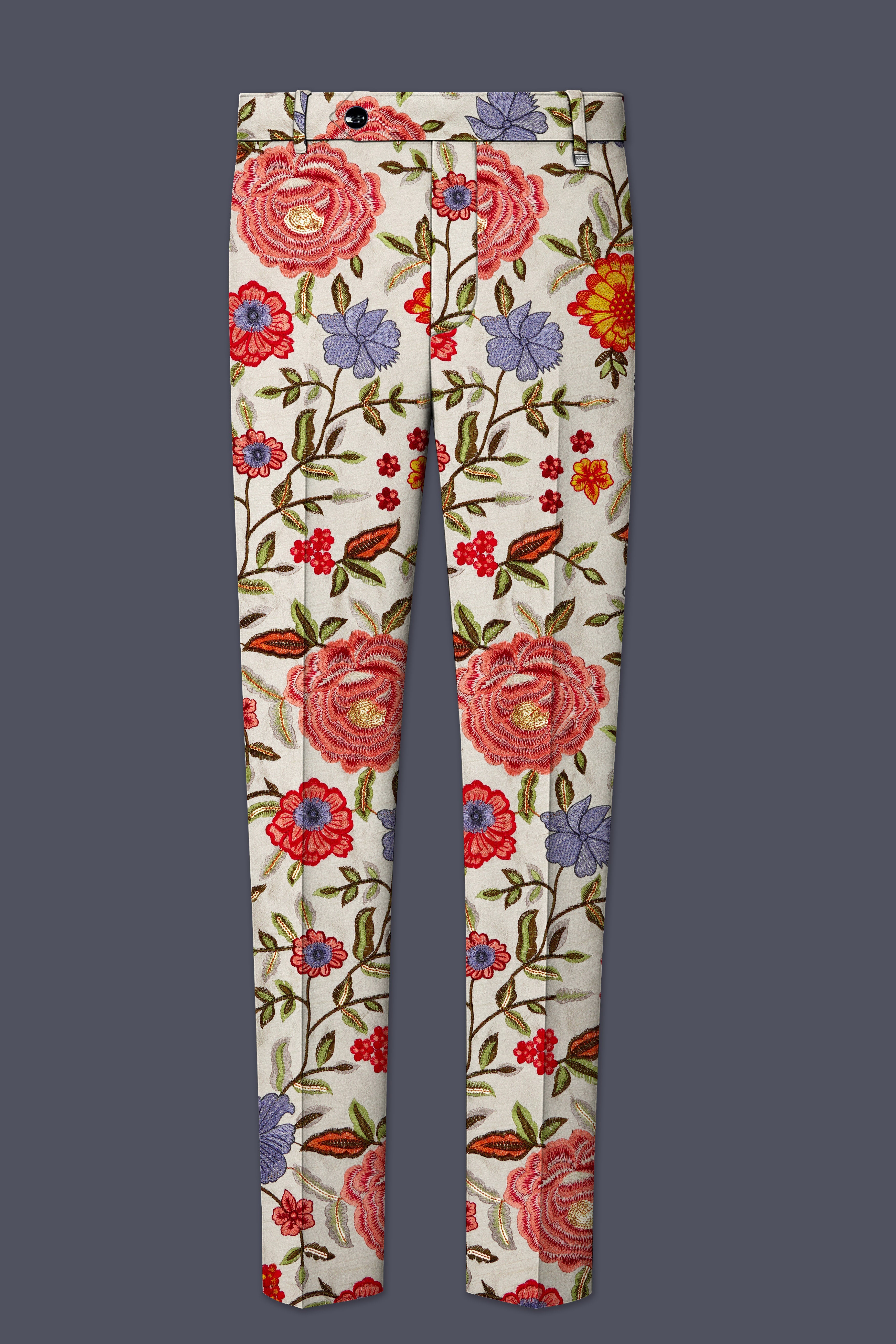 Floravon-Fantast Cream Multi Color Floral Cotton Thread Embroidered Designer Tuxedo Suit