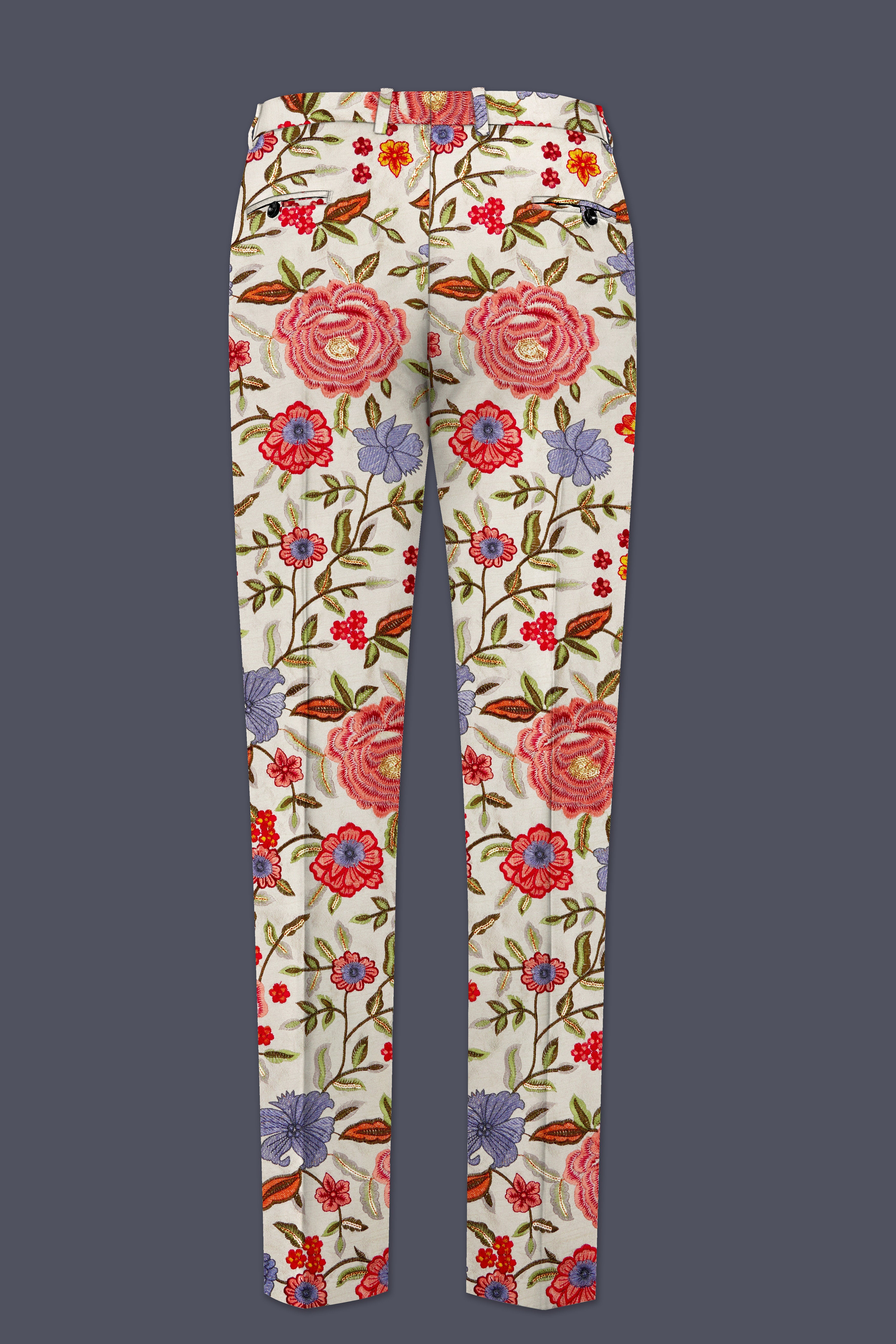 Floravon-Fantast Cream Multi Color Floral Cotton Thread Embroidered Designer Tuxedo Suit