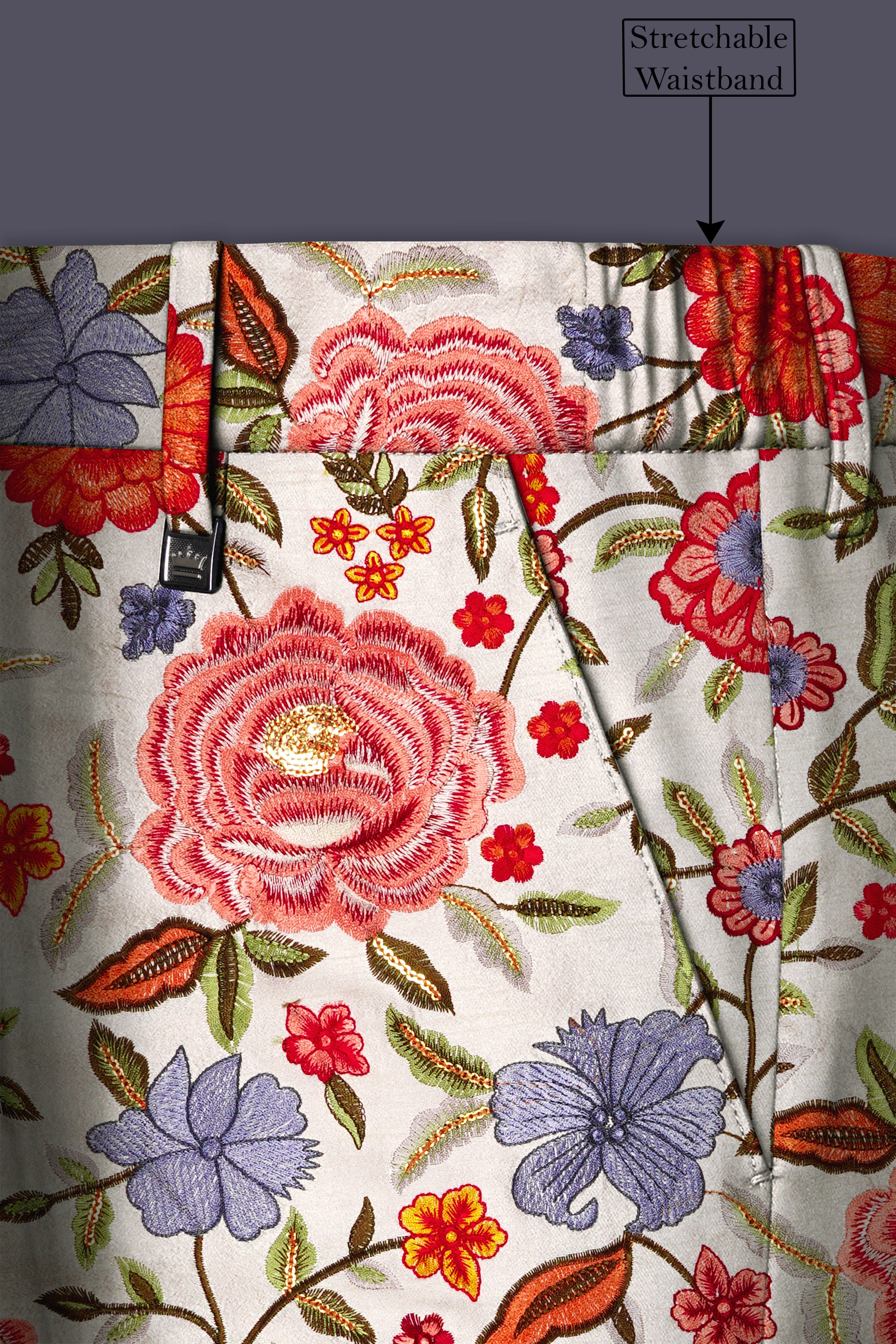 Floravon-Fantast Cream Multi Color Floral Cotton Thread Embroidered Designer Tuxedo Suit