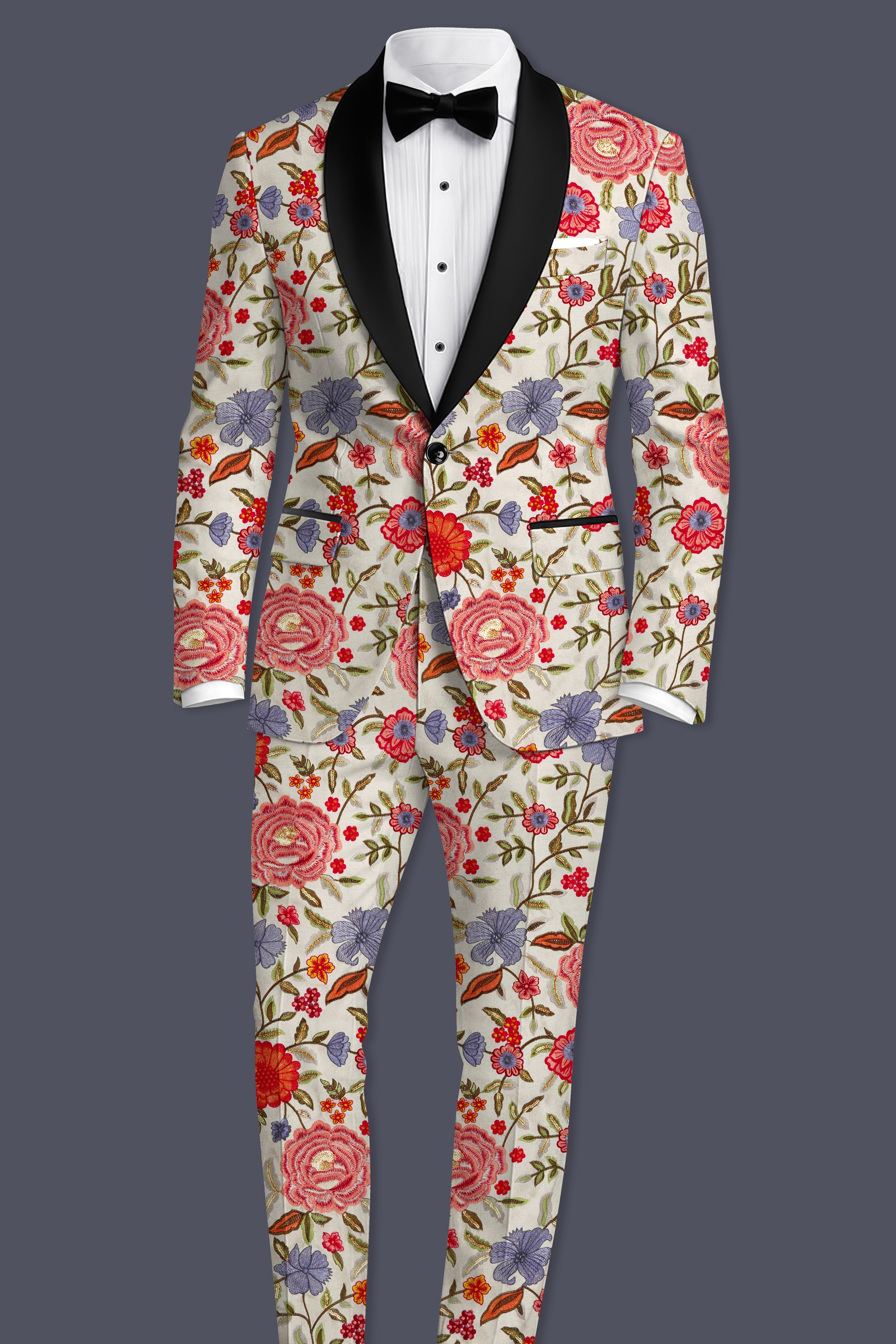 Floravon-Fantast Cream Multi Color Floral Cotton Thread Embroidered Designer Tuxedo Suit