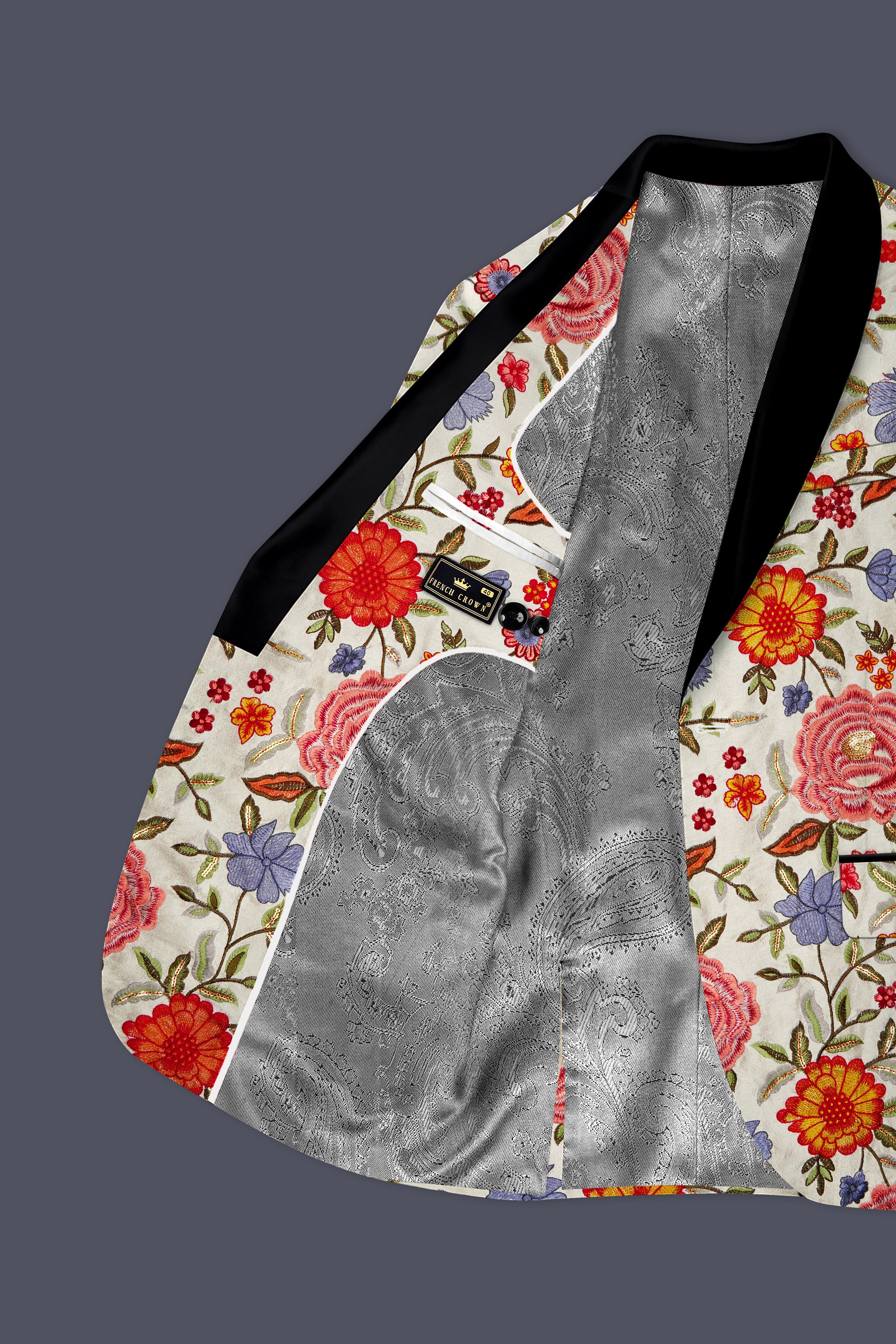 Floravon-Fantast Cream Multi Color Floral Cotton Thread Embroidered Designer Tuxedo Suit