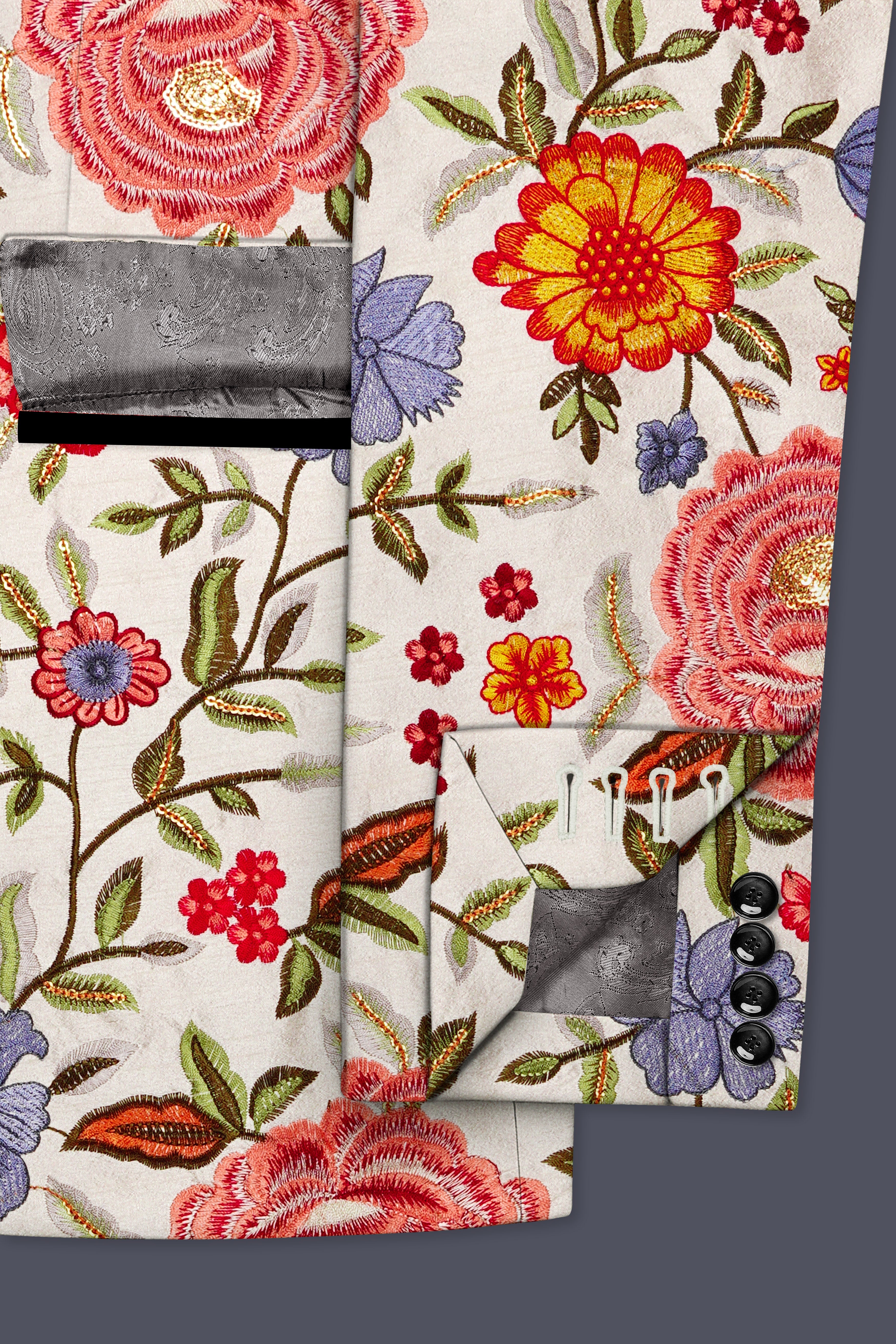 Floravon-Fantast Cream Multi Color Floral Cotton Thread Embroidered Designer Tuxedo Suit
