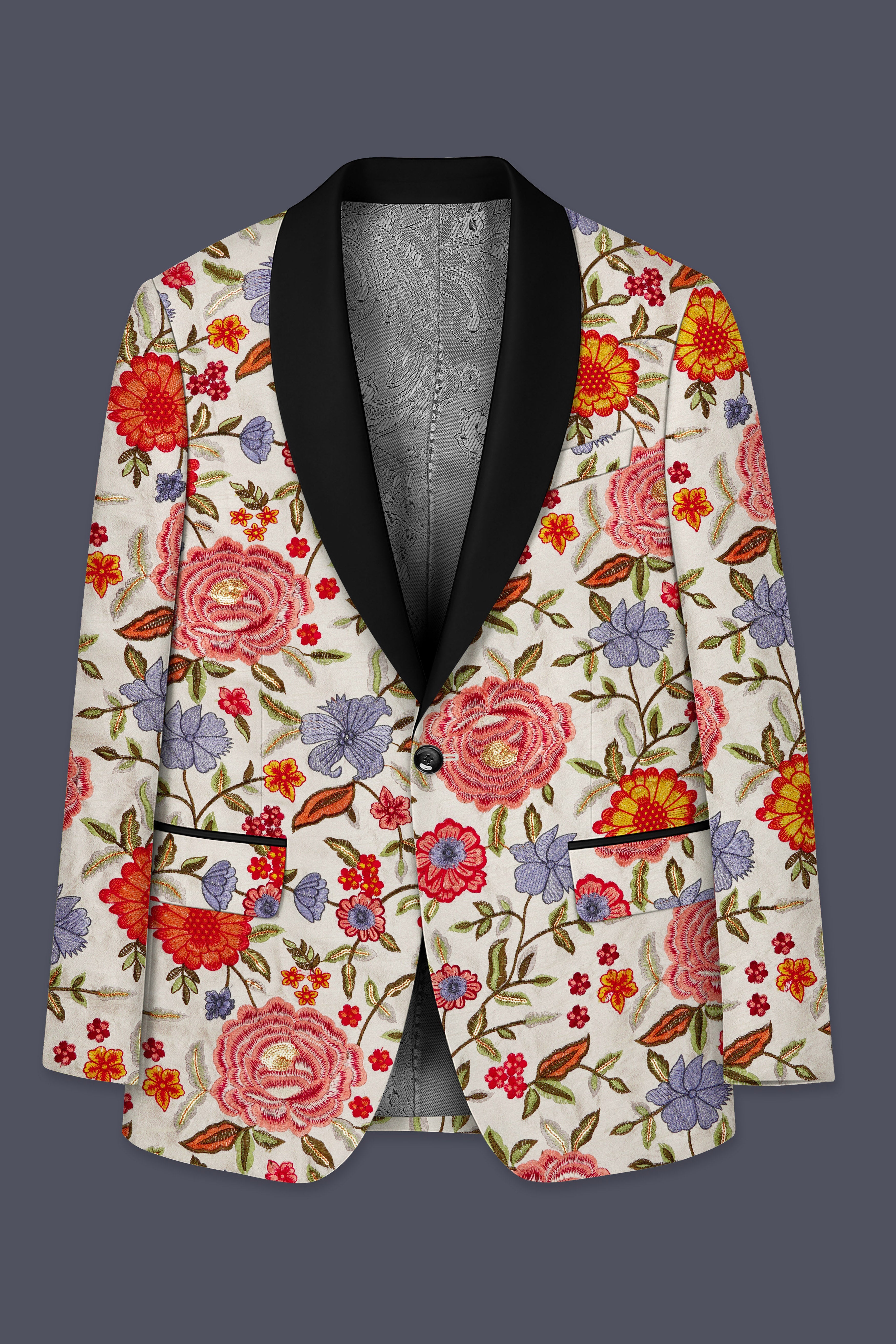 Floravon-Fantast Cream Multi Color Floral Cotton Thread Embroidered Designer Tuxedo Suit
