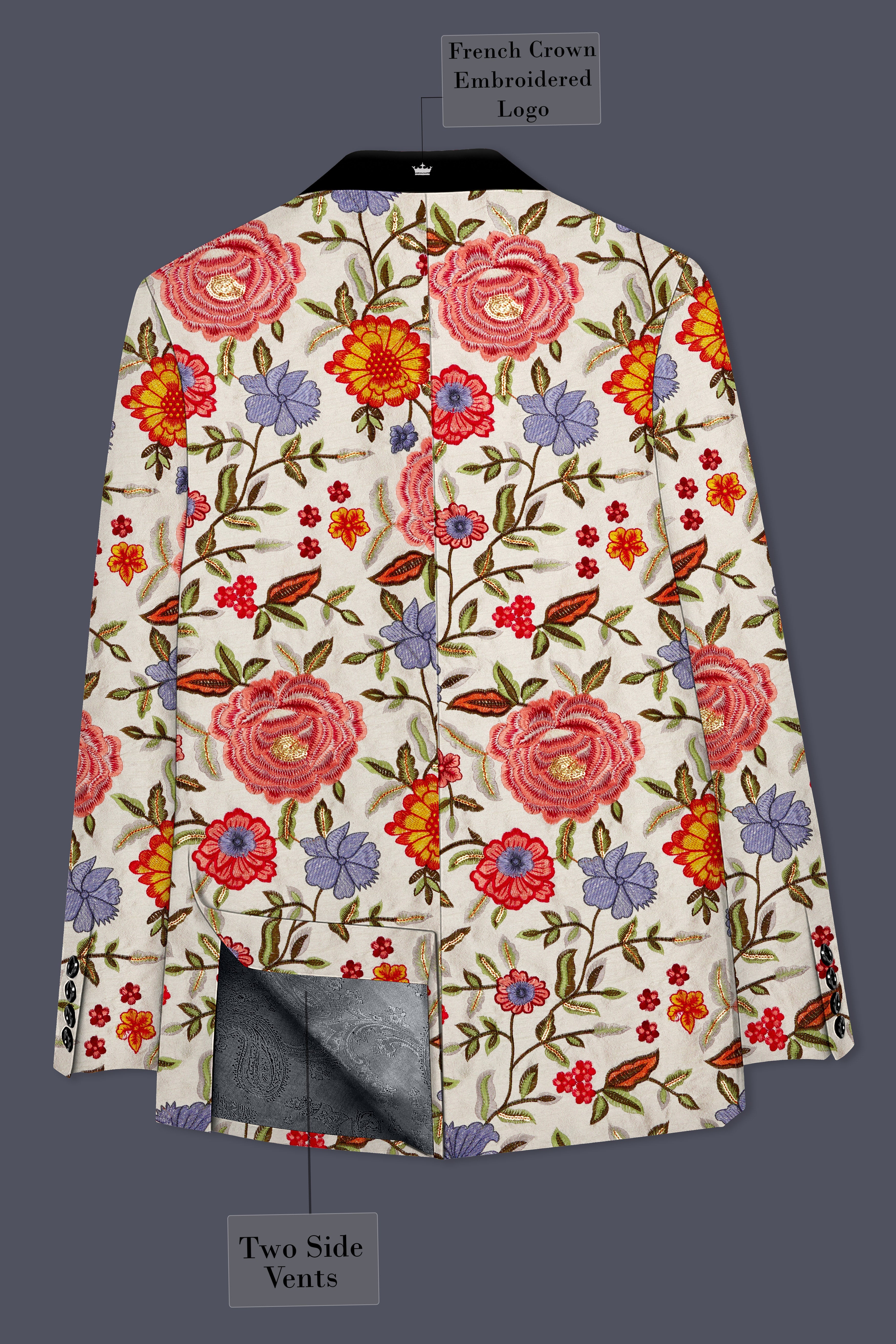 Floravon-Fantast Cream Multi Color Floral Cotton Thread Embroidered Designer Tuxedo Suit