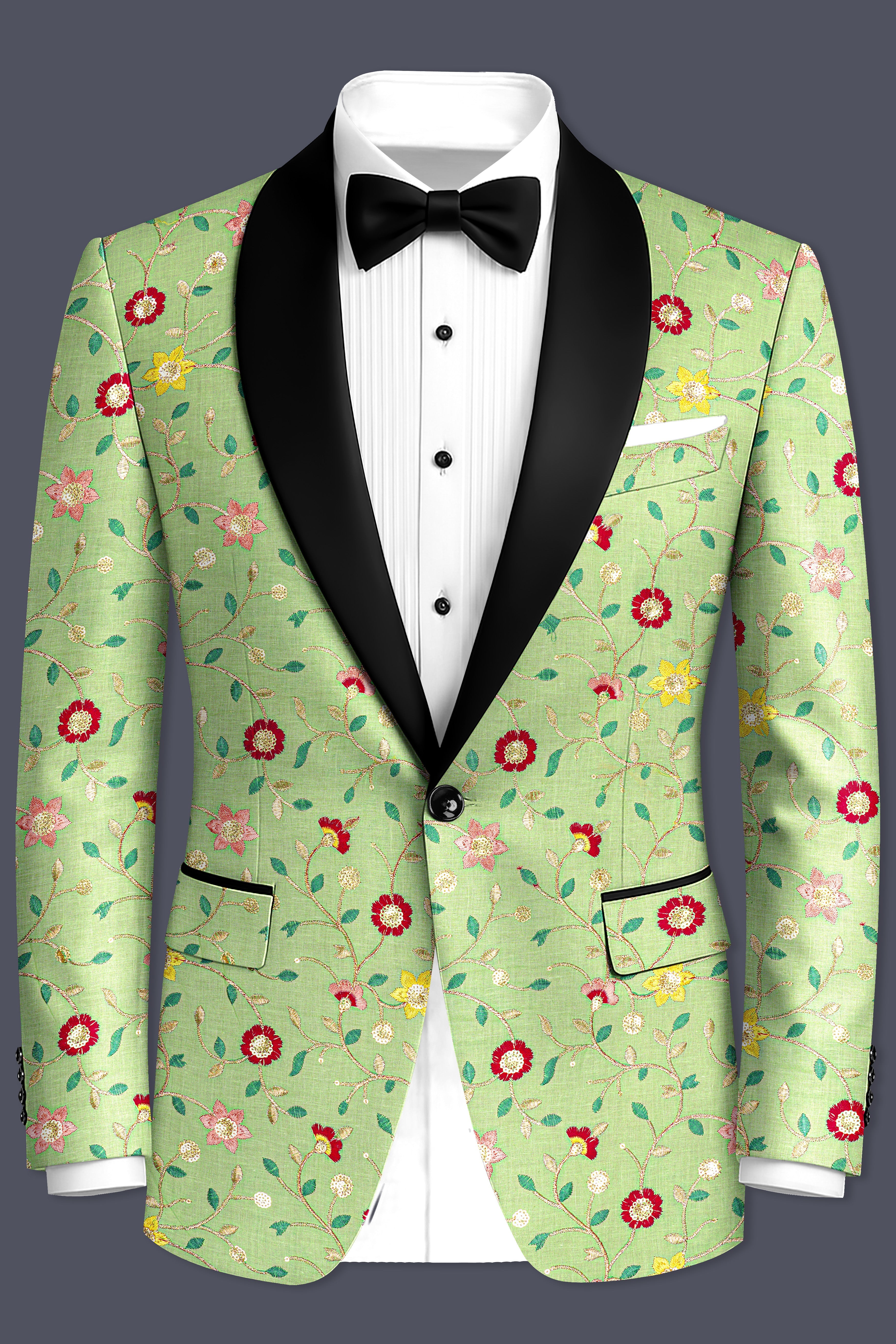 Verdoria-Hampton Green and Beryl Red Floral Multicolour Cotton Thread Embroidered Designer Tuxedo Suit