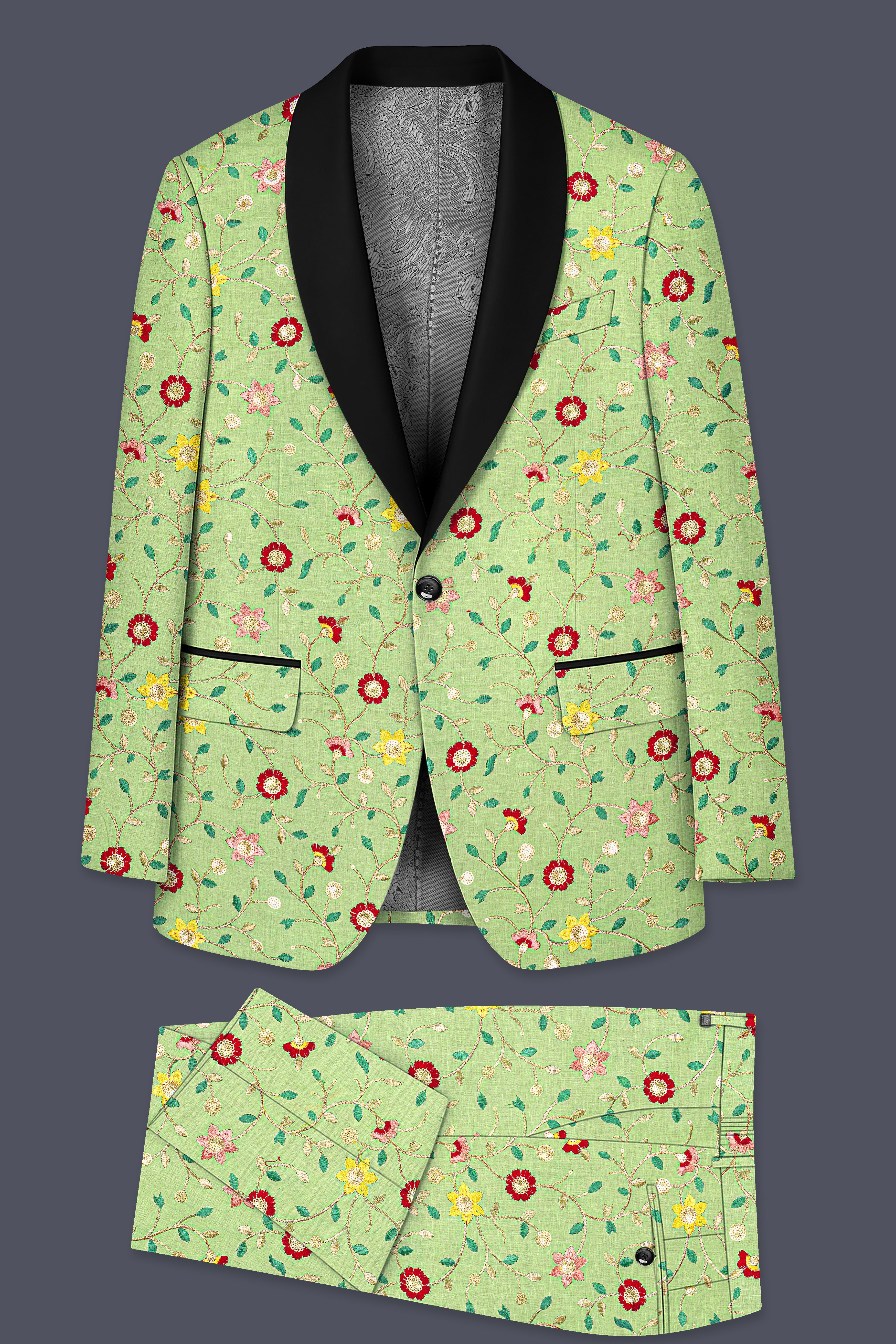 Verdoria-Hampton Green and Beryl Red Floral Multicolour Cotton Thread Embroidered Designer Tuxedo Suit