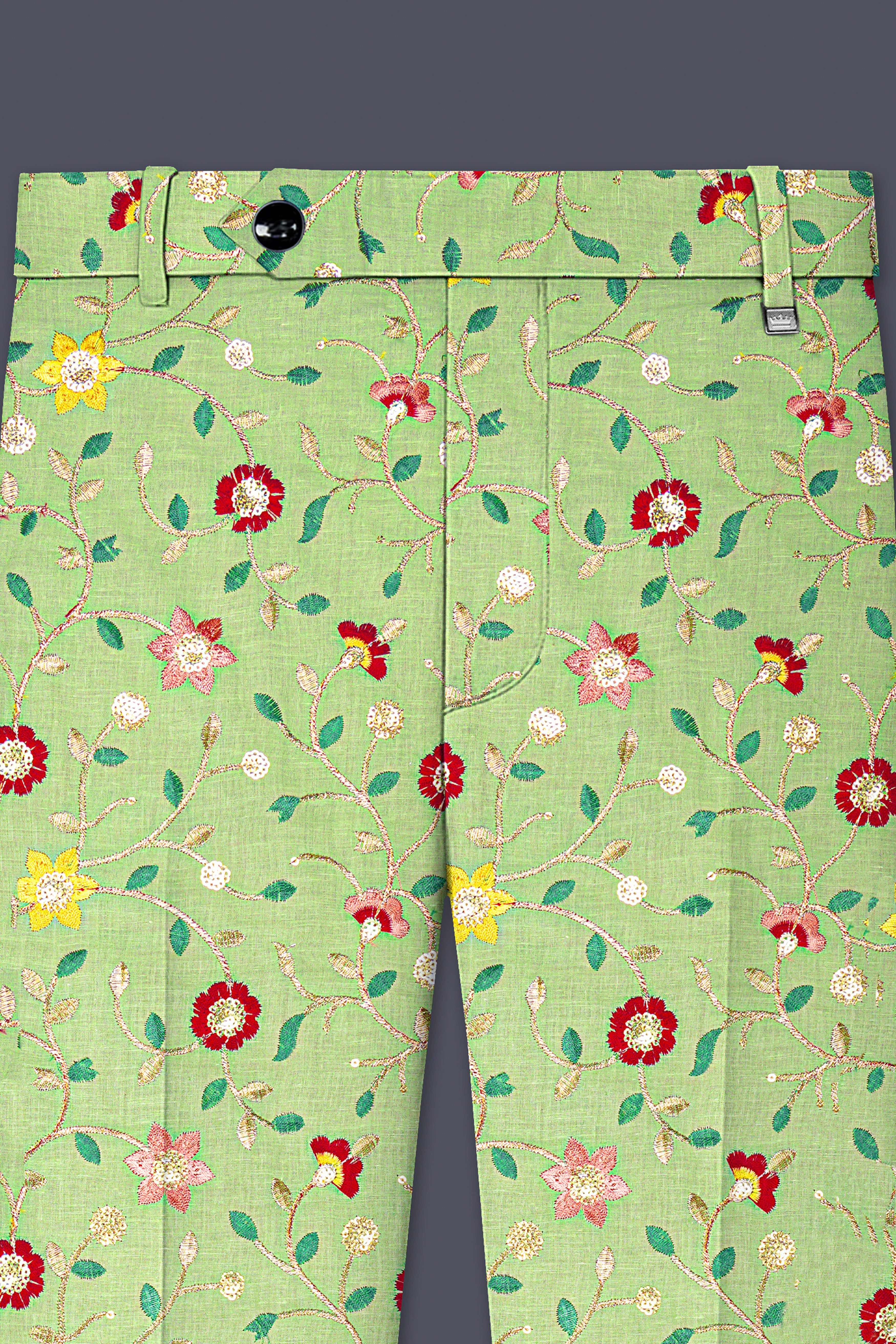 Verdoria-Hampton Green and Beryl Red Floral Multicolour Cotton Thread Embroidered Designer Tuxedo Suit