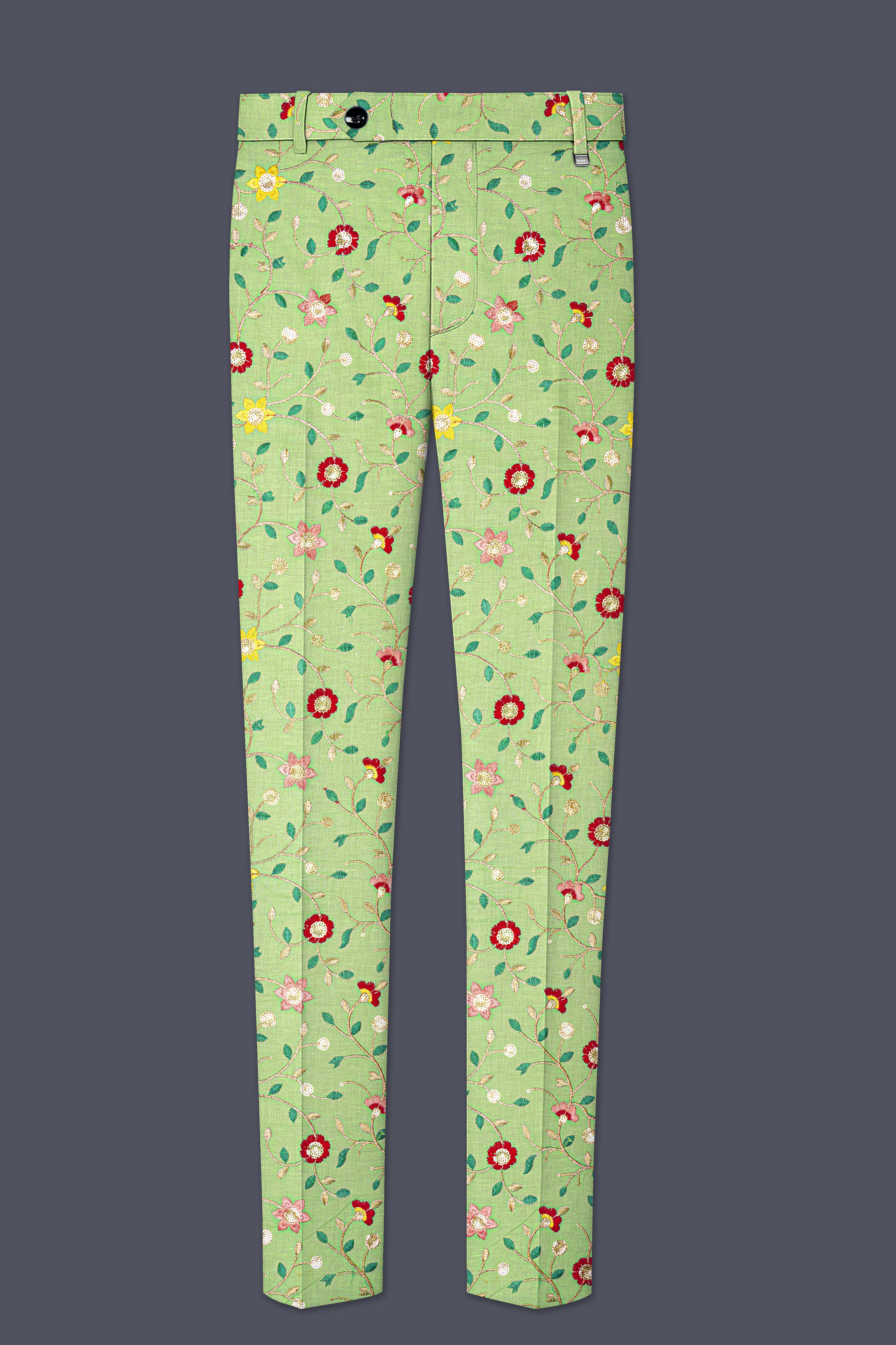 Verdoria-Hampton Green and Beryl Red Floral Multicolour Cotton Thread Embroidered Designer Tuxedo Suit