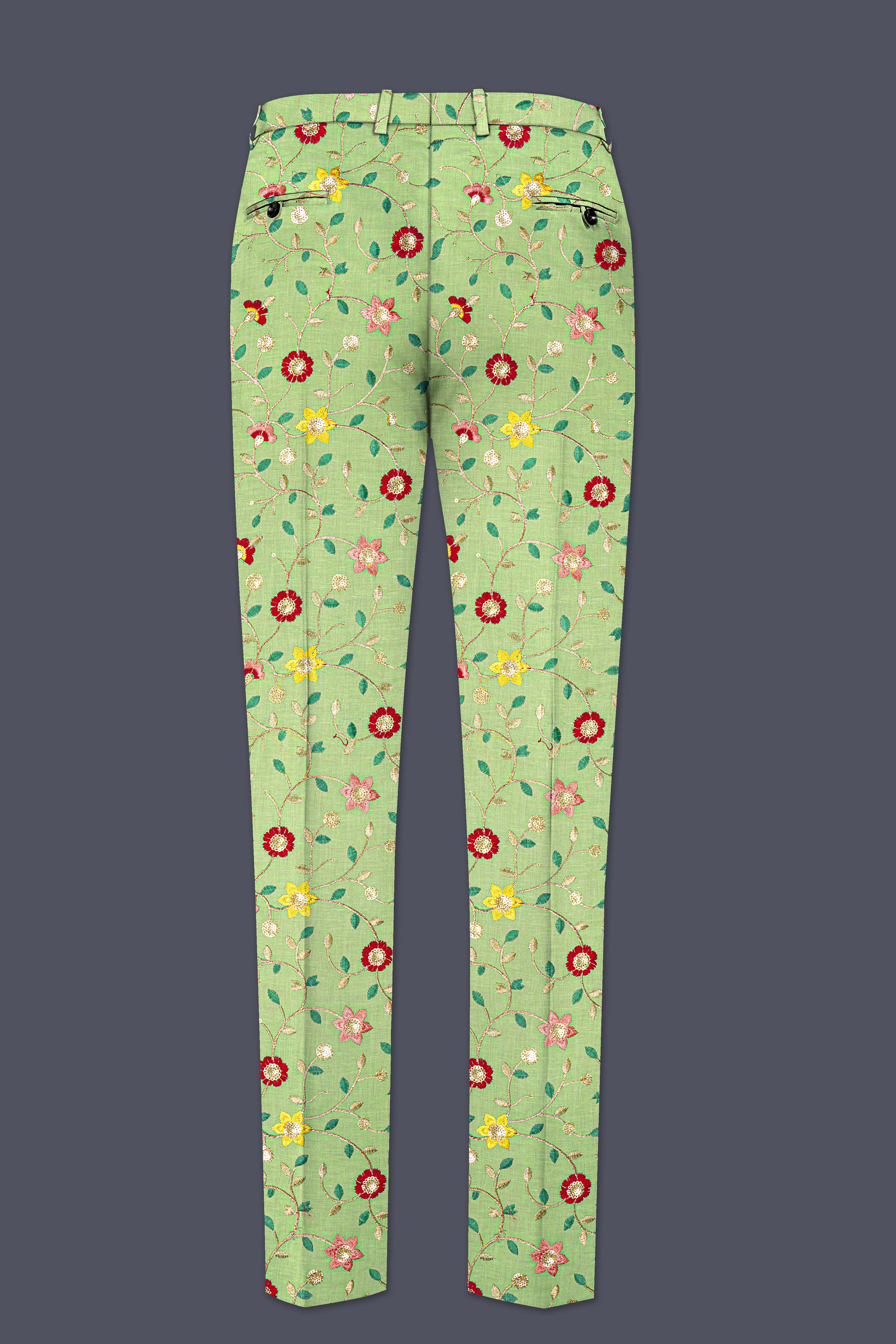 Verdoria-Hampton Green and Beryl Red Floral Multicolour Cotton Thread Embroidered Designer Tuxedo Suit