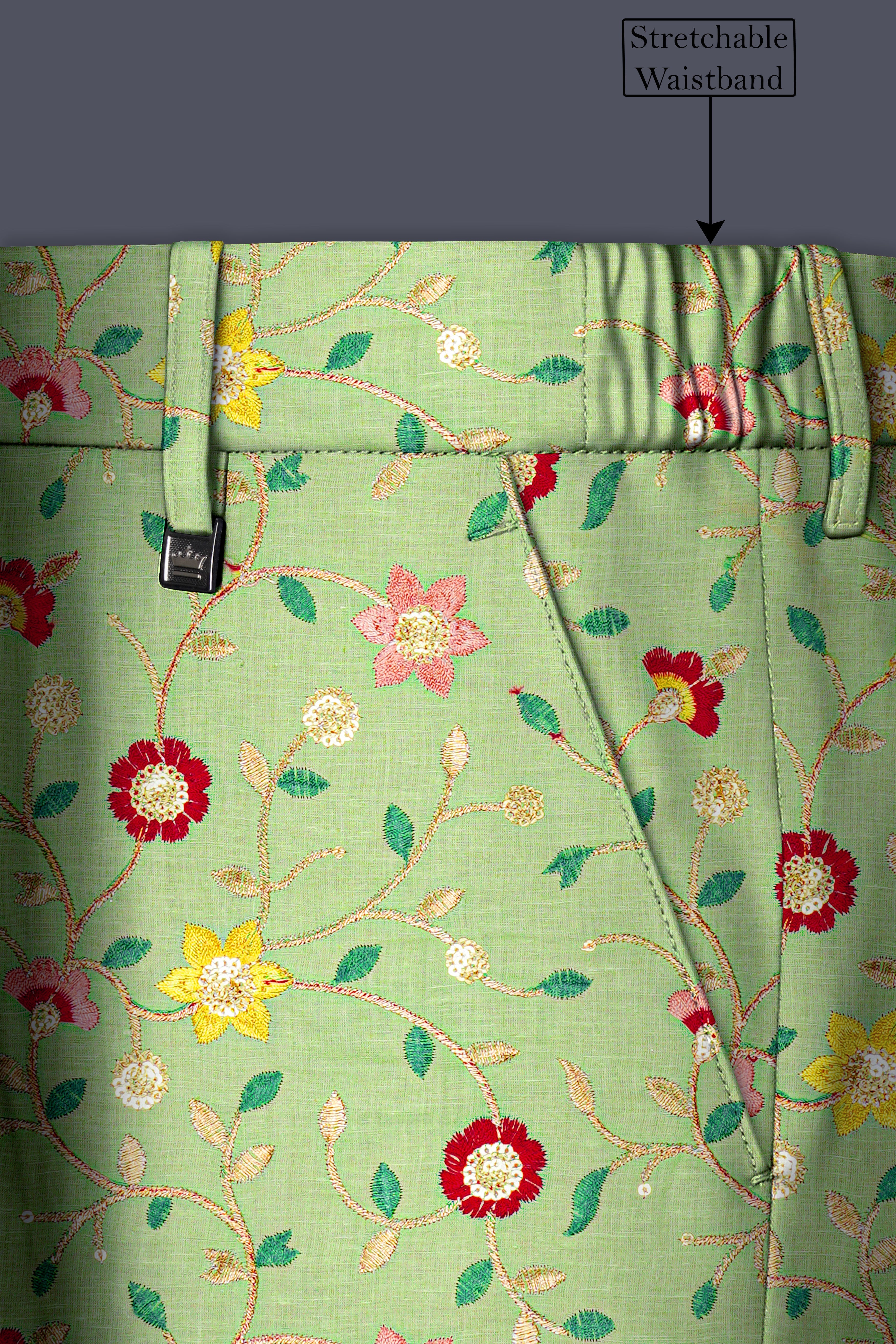 Verdoria-Hampton Green and Beryl Red Floral Multicolour Cotton Thread Embroidered Designer Tuxedo Suit