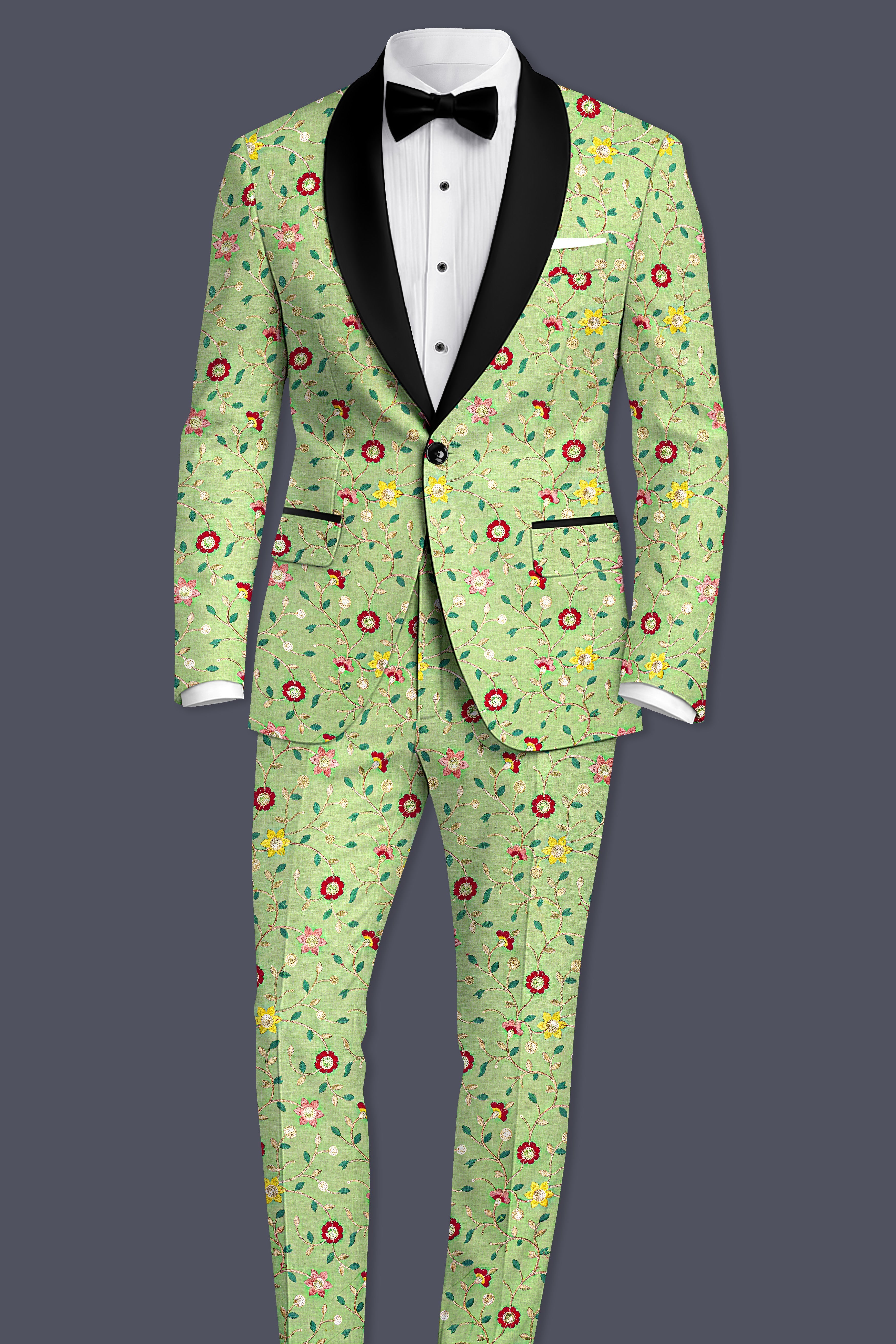 Verdoria-Hampton Green and Beryl Red Floral Multicolour Cotton Thread Embroidered Designer Tuxedo Suit