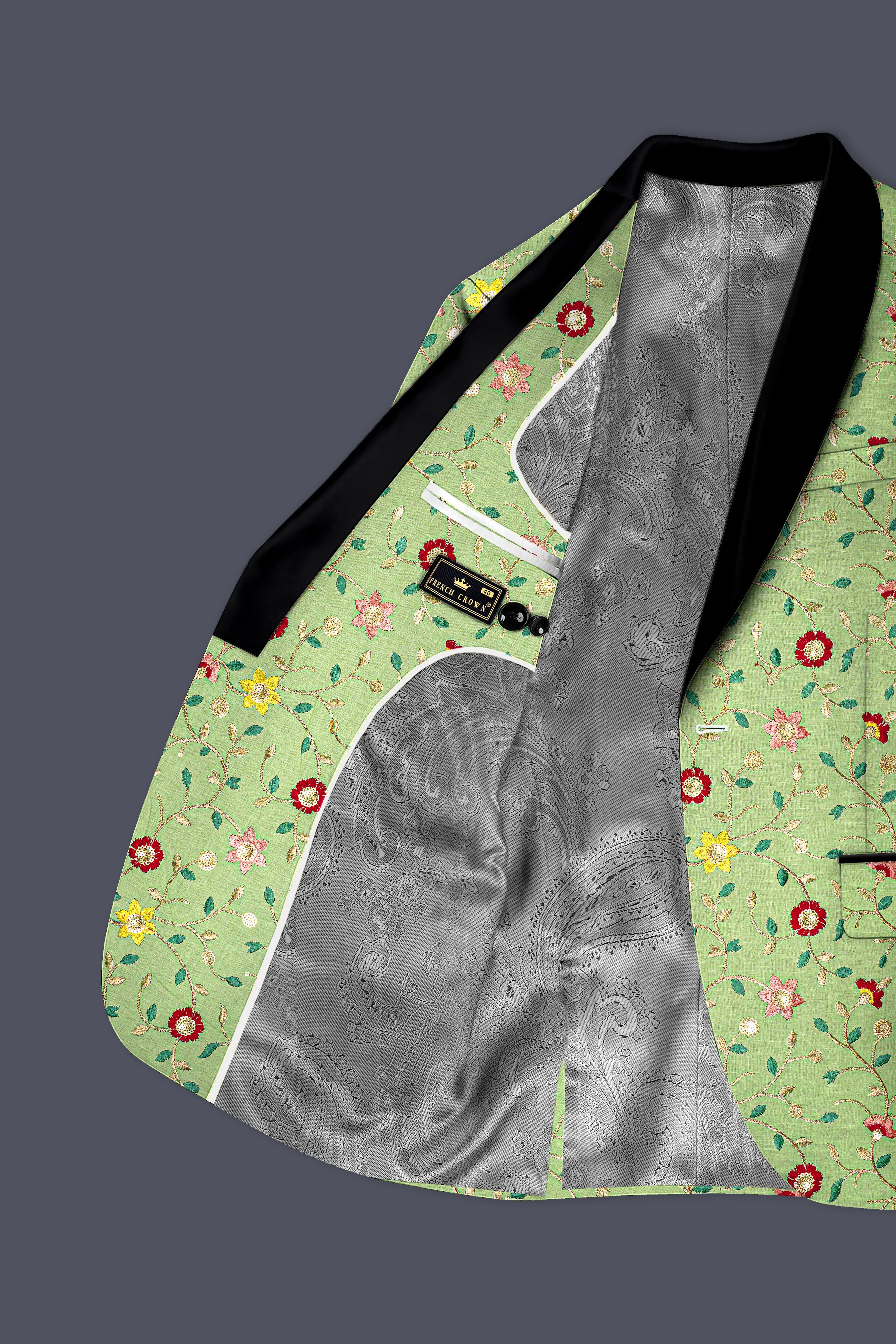 Verdoria-Hampton Green and Beryl Red Floral Multicolour Cotton Thread Embroidered Designer Tuxedo Suit