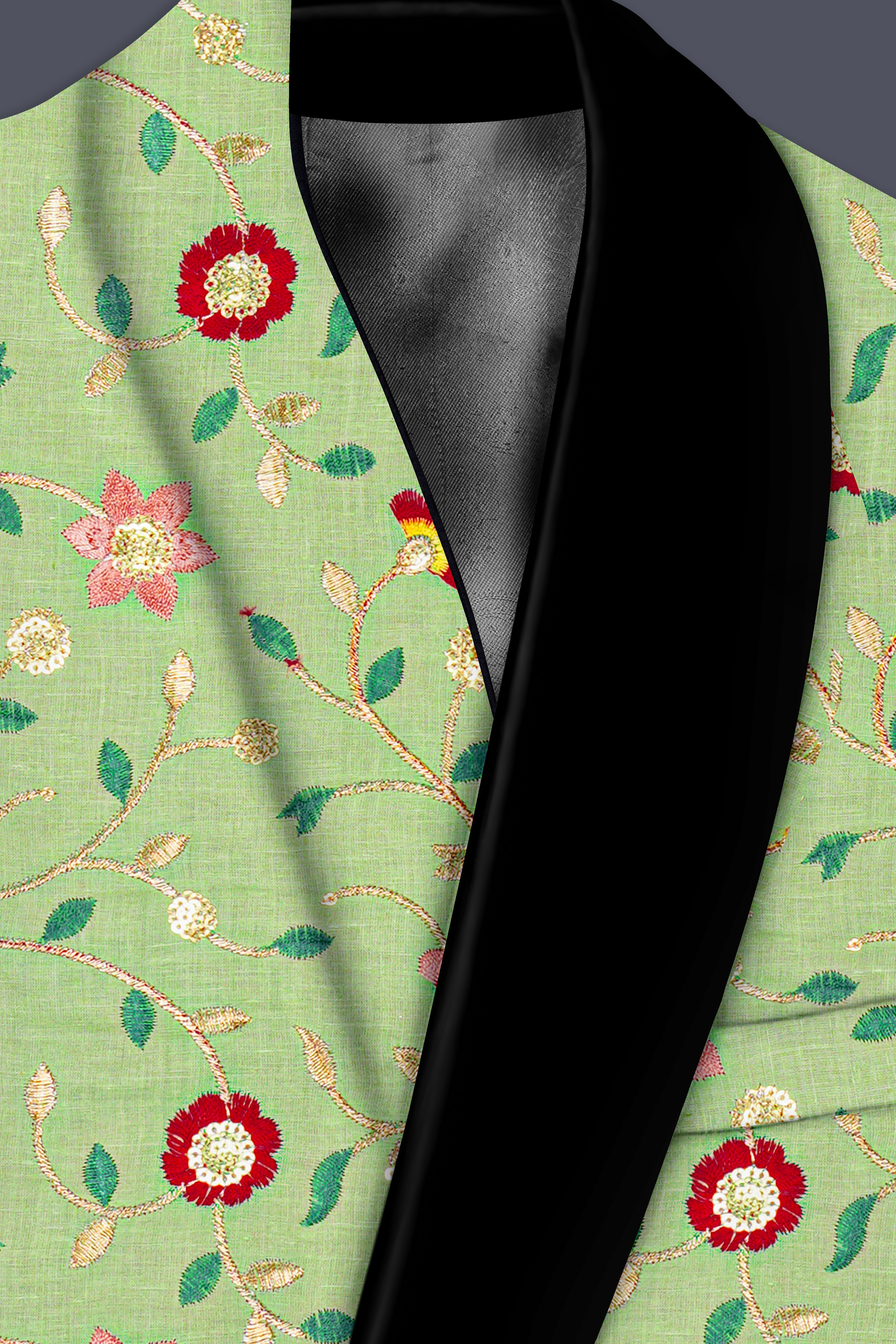 Verdoria-Hampton Green and Beryl Red Floral Multicolour Cotton Thread Embroidered Designer Tuxedo Suit