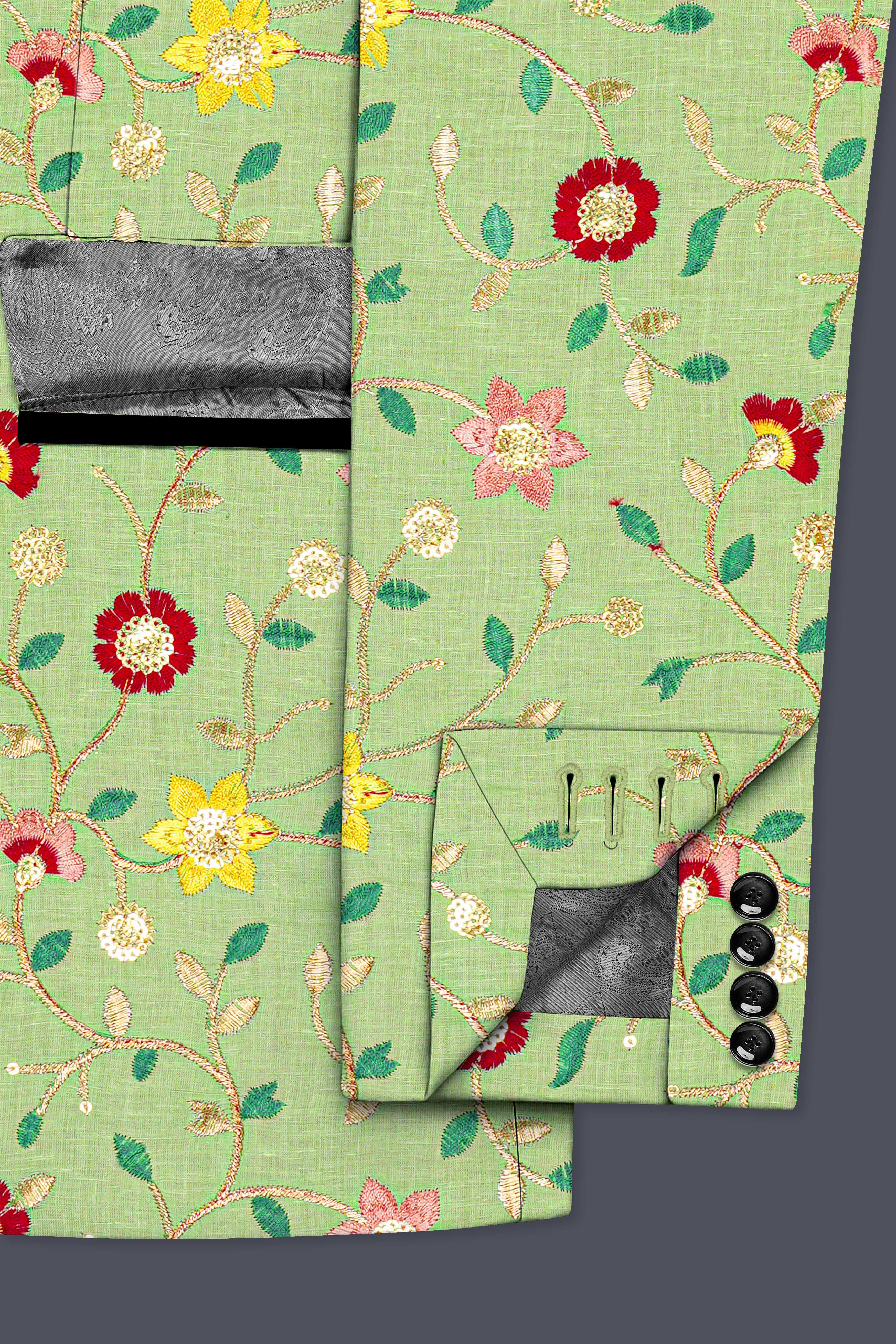 Verdoria-Hampton Green and Beryl Red Floral Multicolour Cotton Thread Embroidered Designer Tuxedo Suit