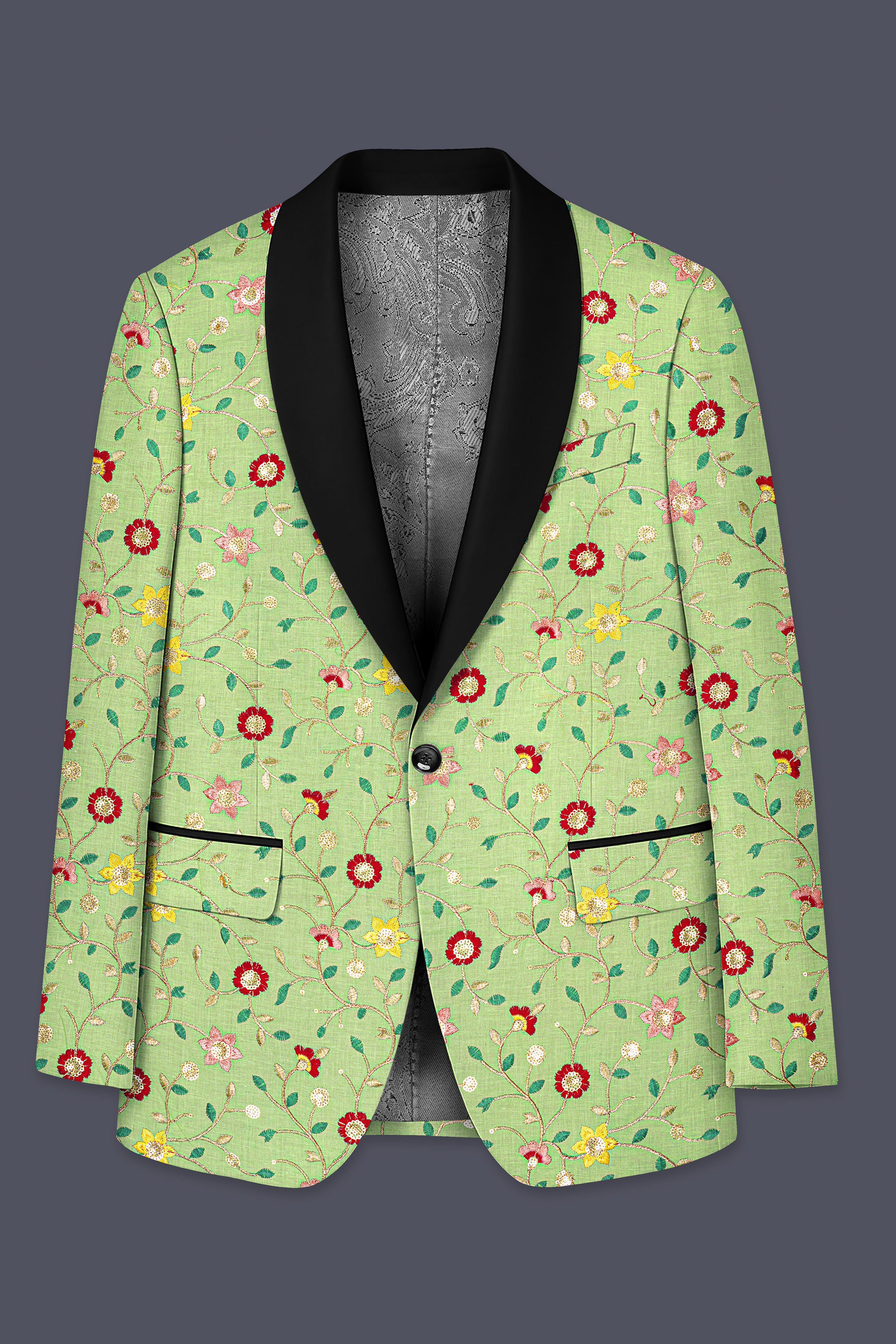Verdoria-Hampton Green and Beryl Red Floral Multicolour Cotton Thread Embroidered Designer Tuxedo Suit