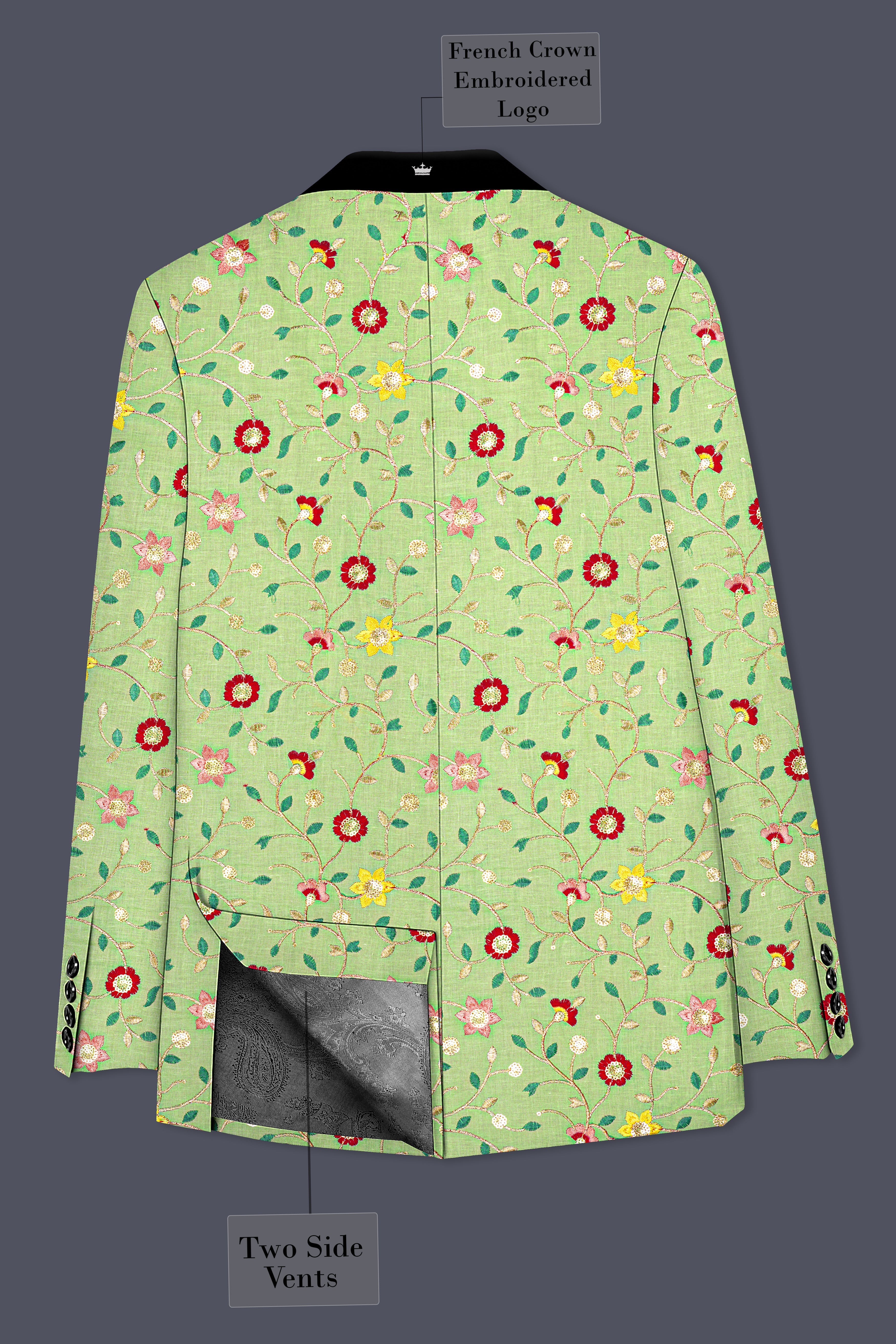 Verdoria-Hampton Green and Beryl Red Floral Multicolour Cotton Thread Embroidered Designer Tuxedo Suit