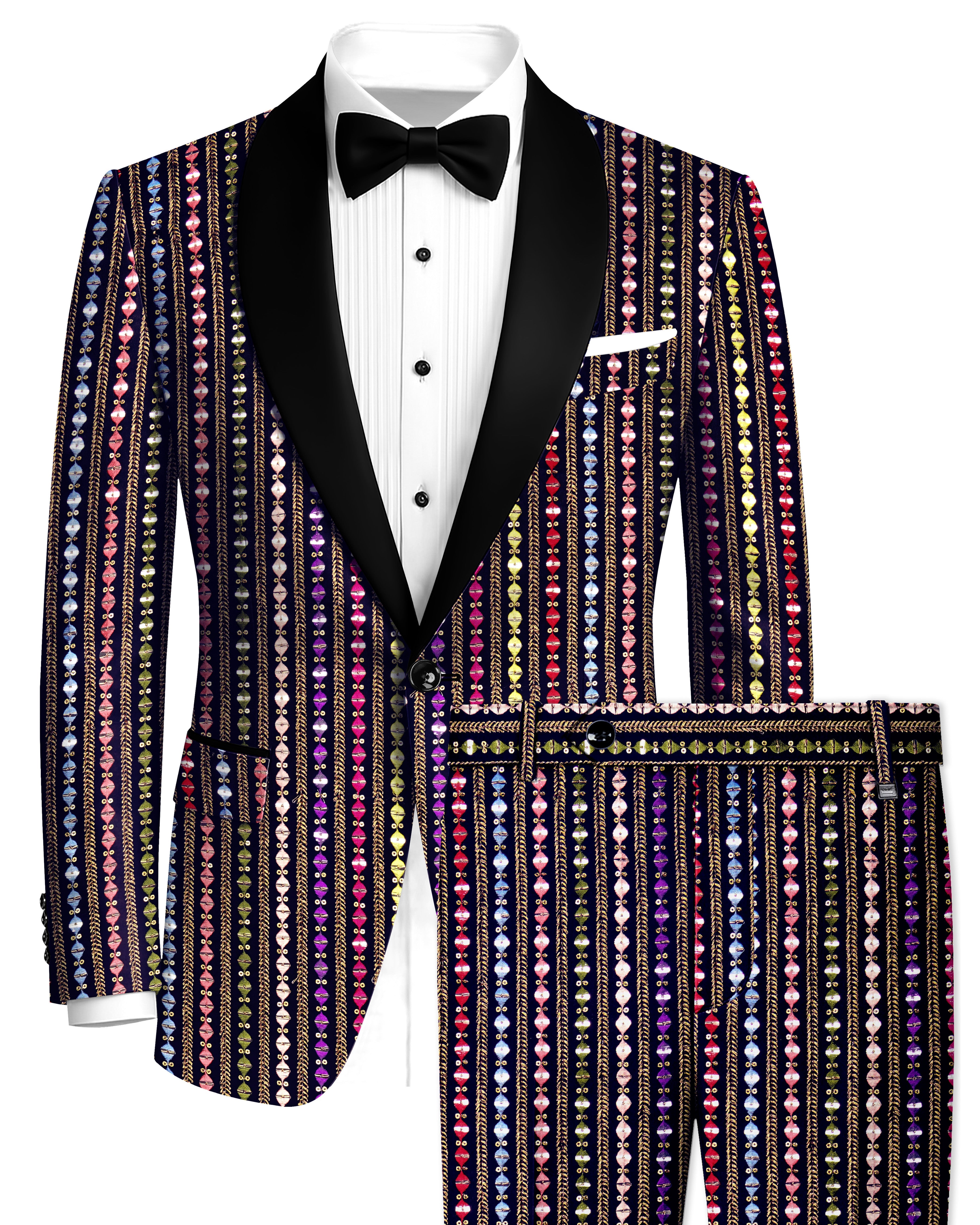 Lumivon-Ebony Blue and Cerise Pink Vertical Thread and Sequin Embroidered Designer Tuxedo Suit
