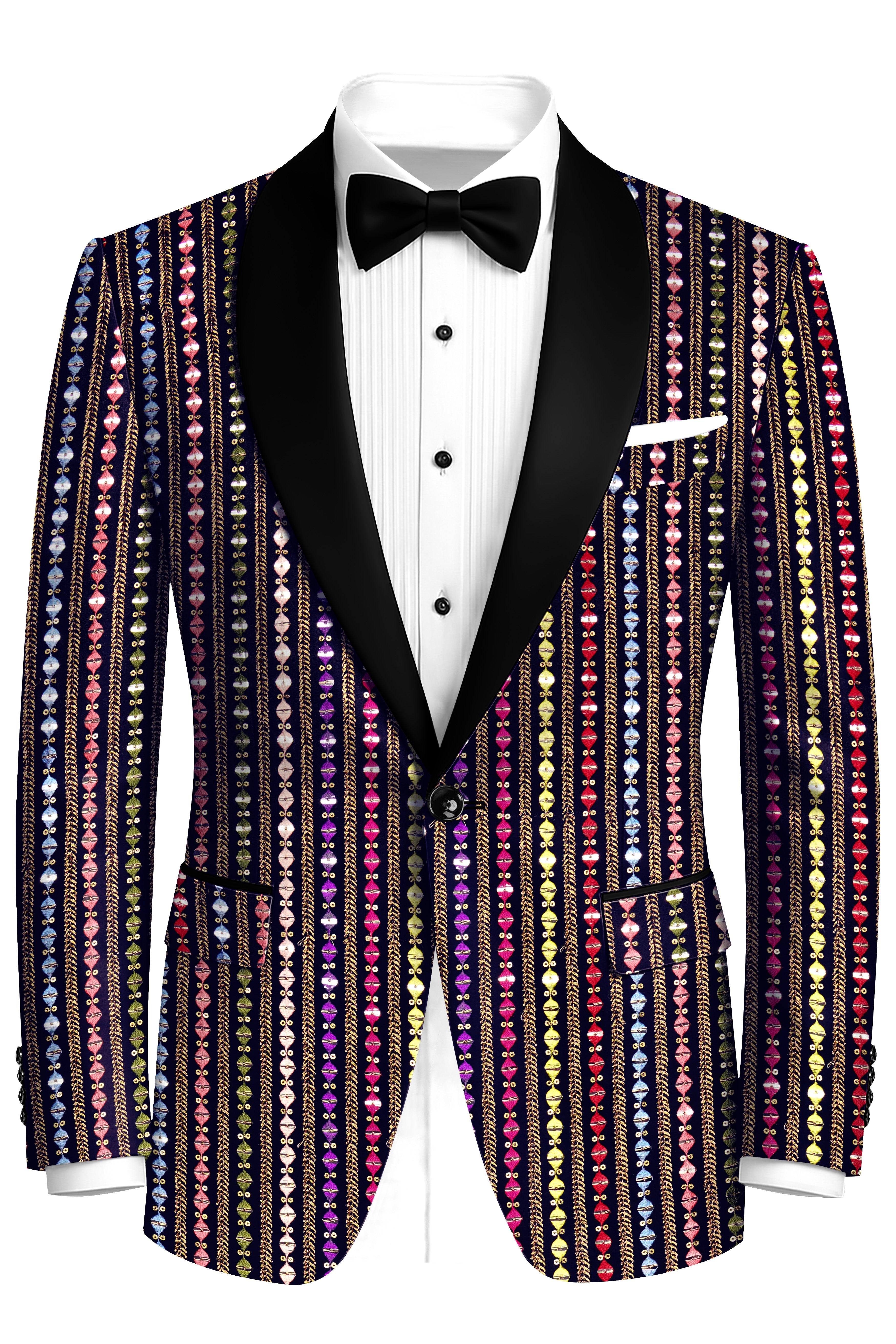 Lumivon-Ebony Blue and Cerise Pink Vertical Thread and Sequin Embroidered Designer Tuxedo Suit