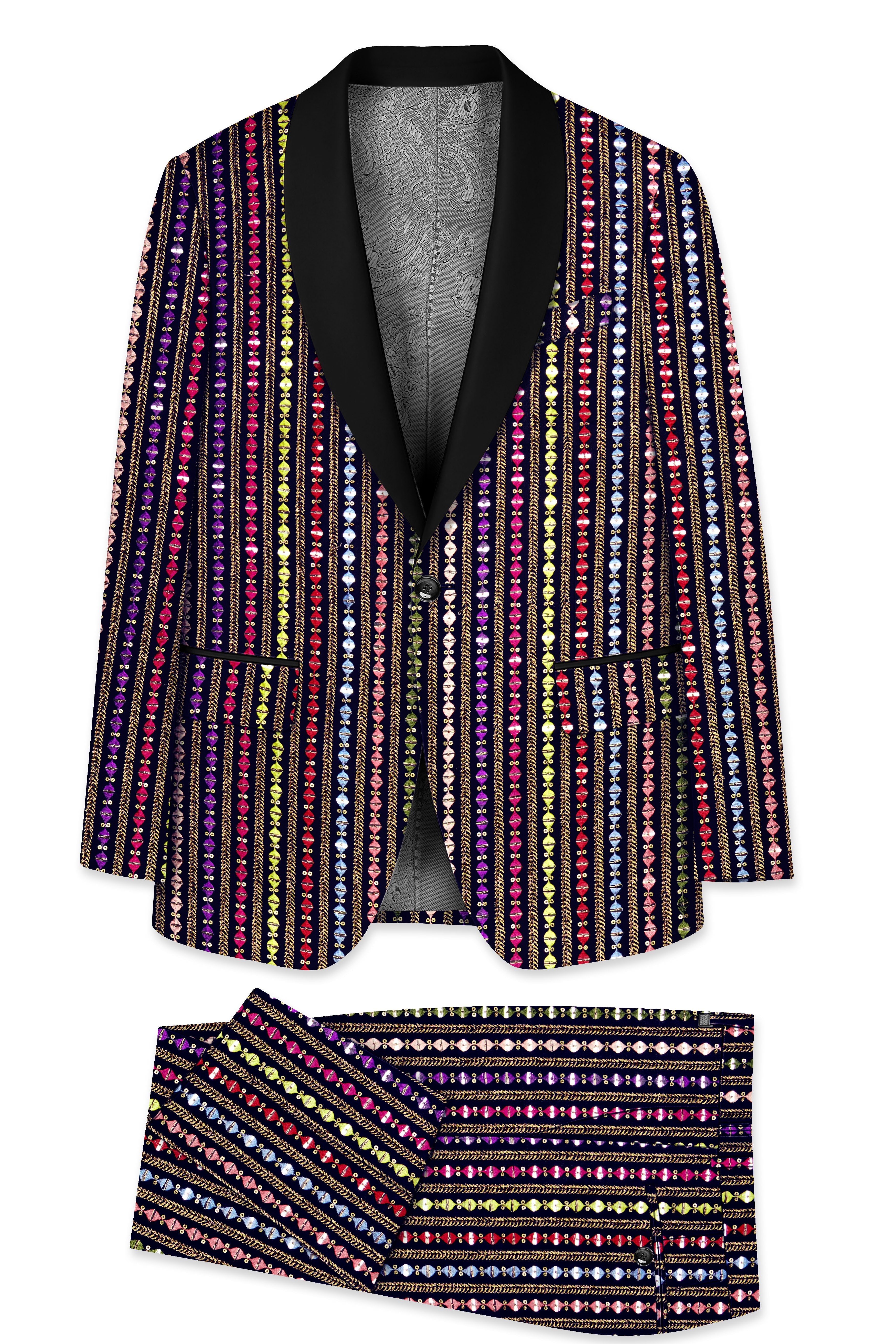 Lumivon-Ebony Blue and Cerise Pink Vertical Thread and Sequin Embroidered Designer Tuxedo Suit