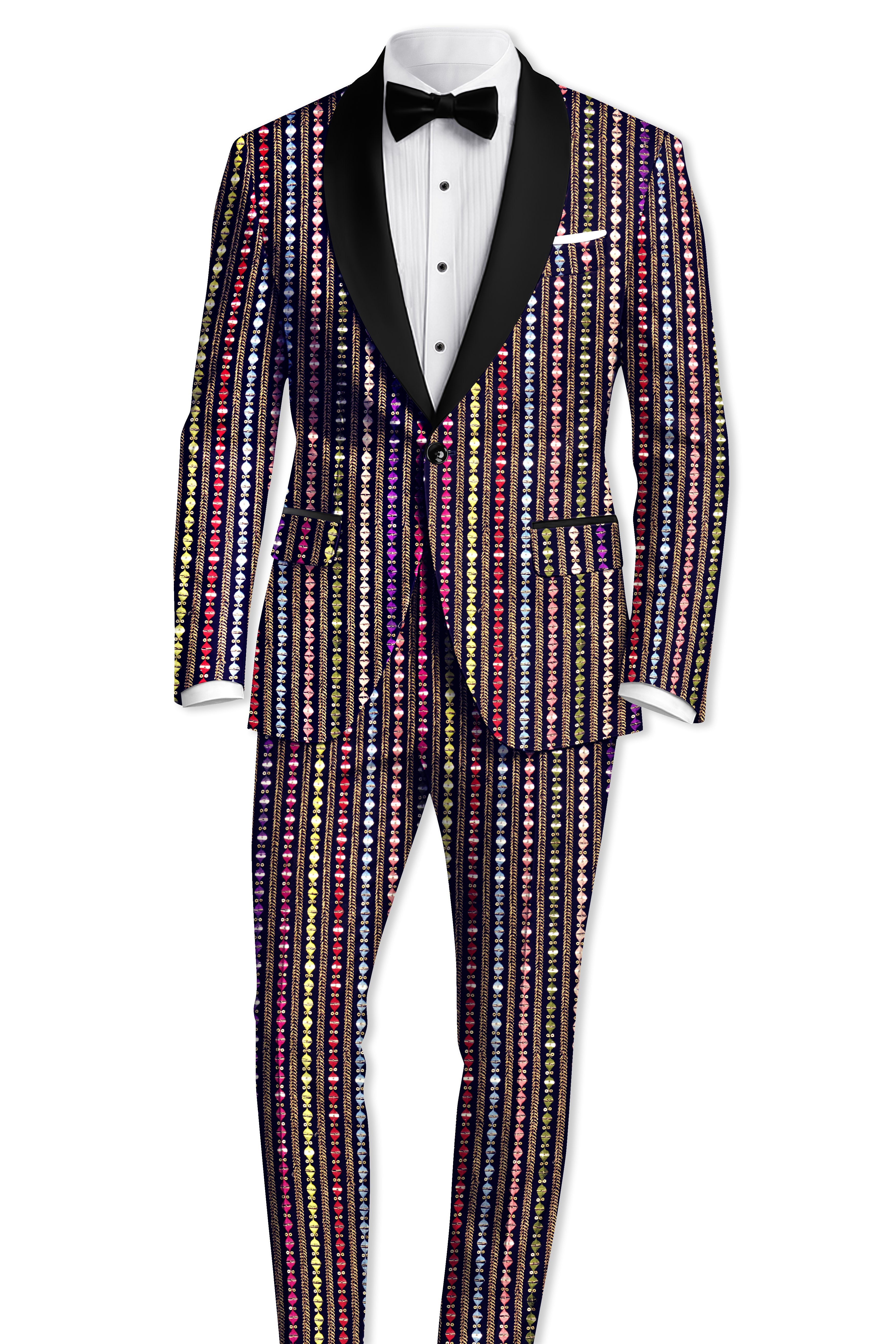 Lumivon-Ebony Blue and Cerise Pink Vertical Thread and Sequin Embroidered Designer Tuxedo Suit