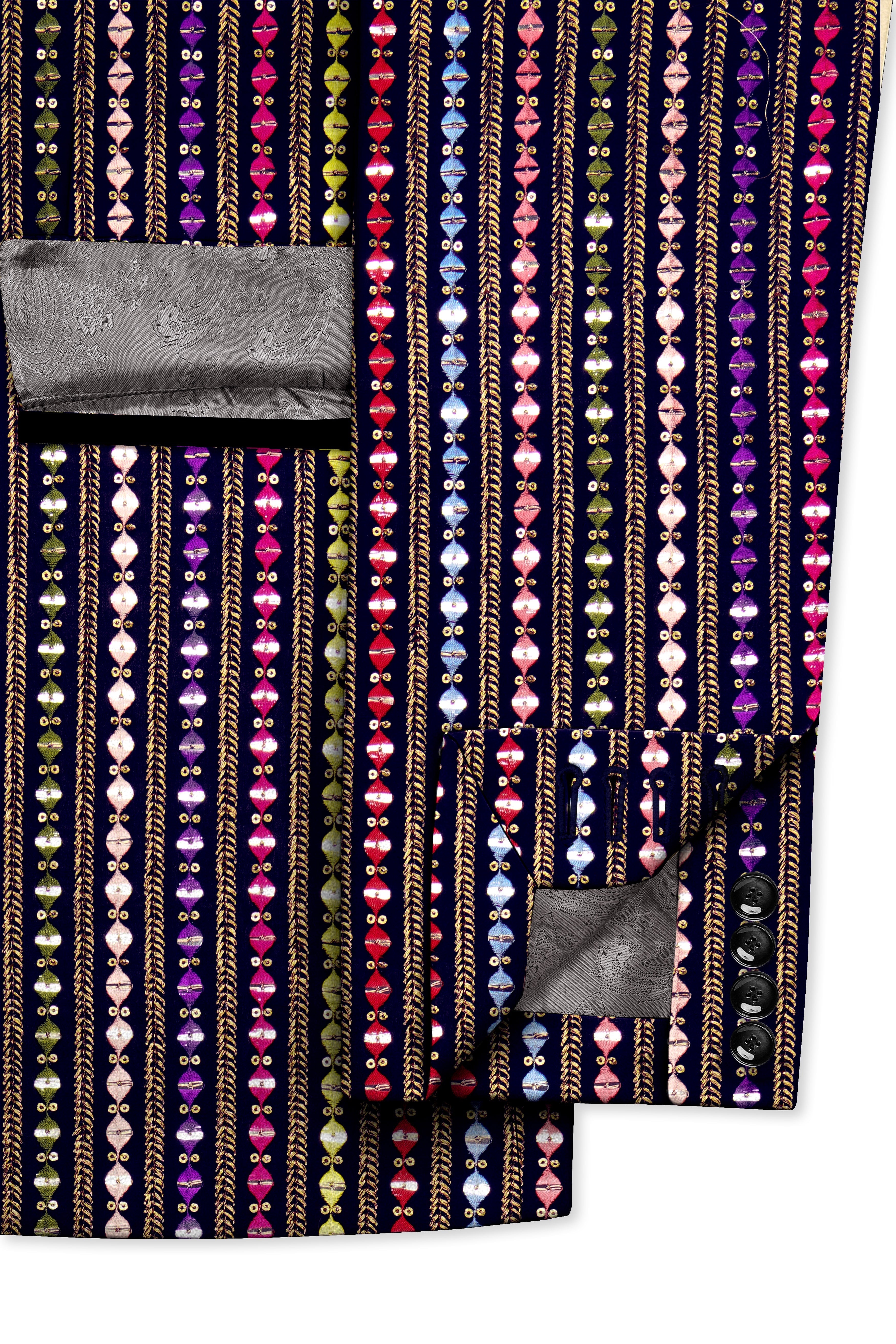 Lumivon-Ebony Blue and Cerise Pink Vertical Thread and Sequin Embroidered Designer Tuxedo Suit