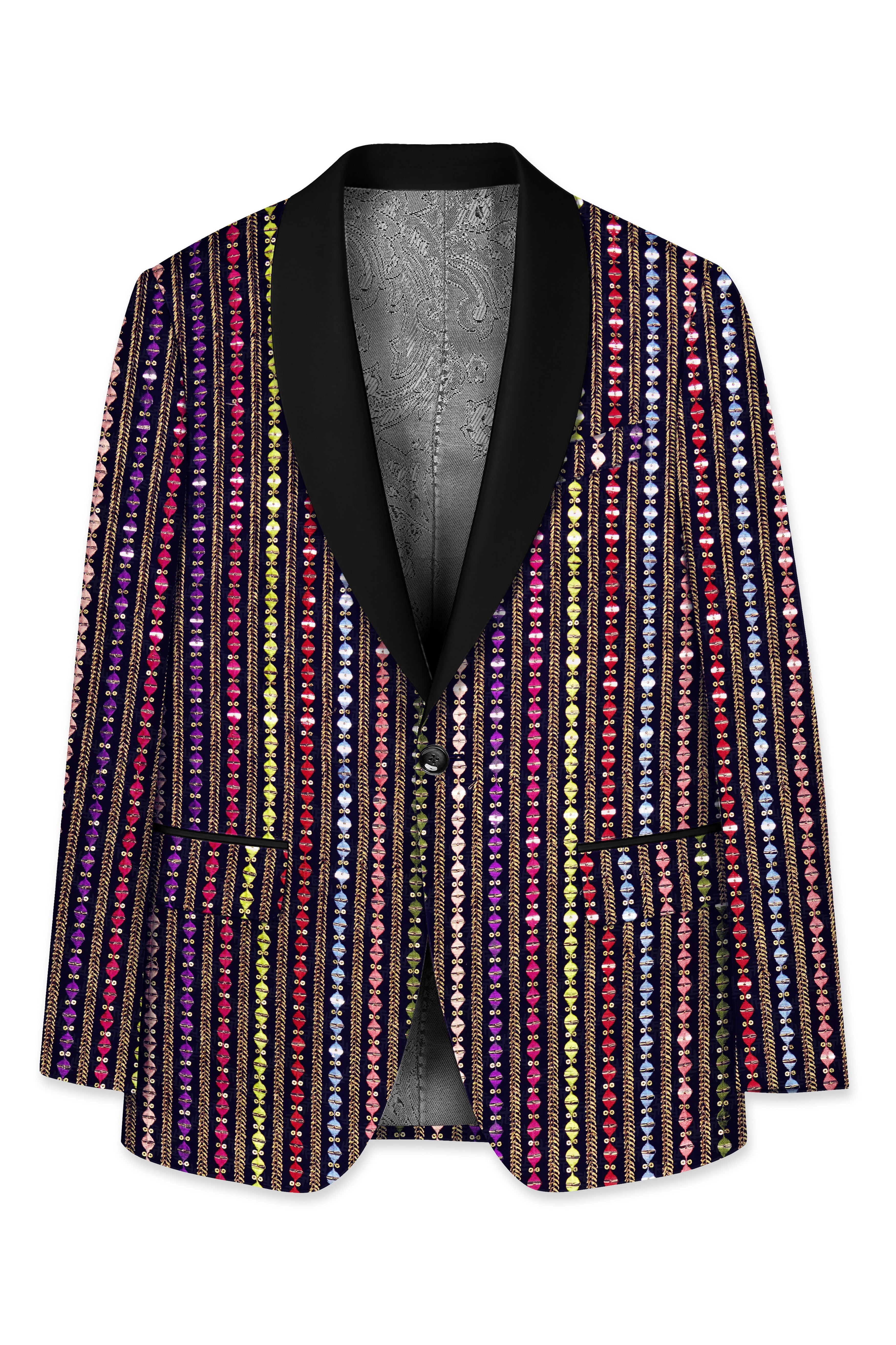 Lumivon-Ebony Blue and Cerise Pink Vertical Thread and Sequin Embroidered Designer Tuxedo Suit