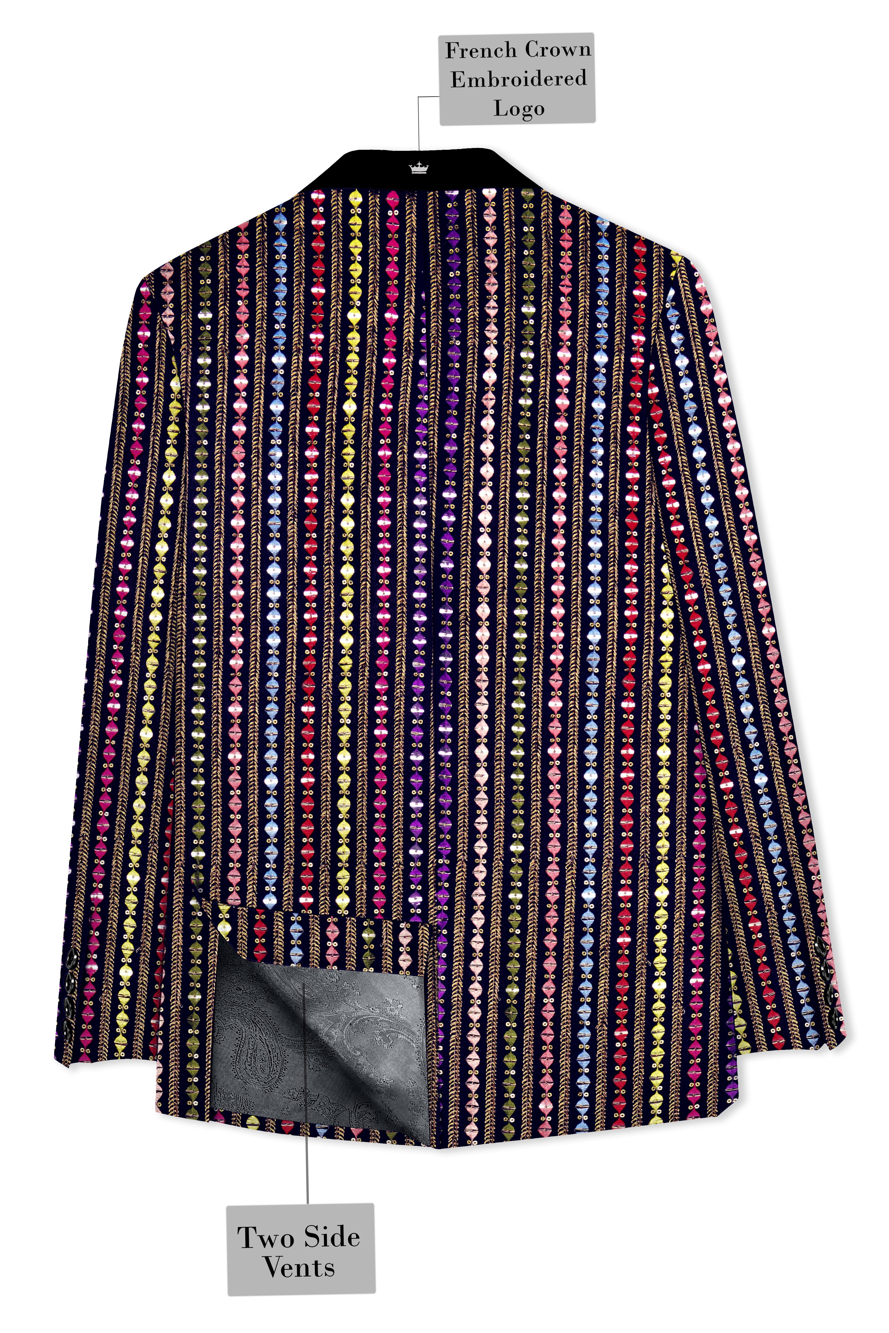 Lumivon-Ebony Blue and Cerise Pink Vertical Thread and Sequin Embroidered Designer Tuxedo Suit