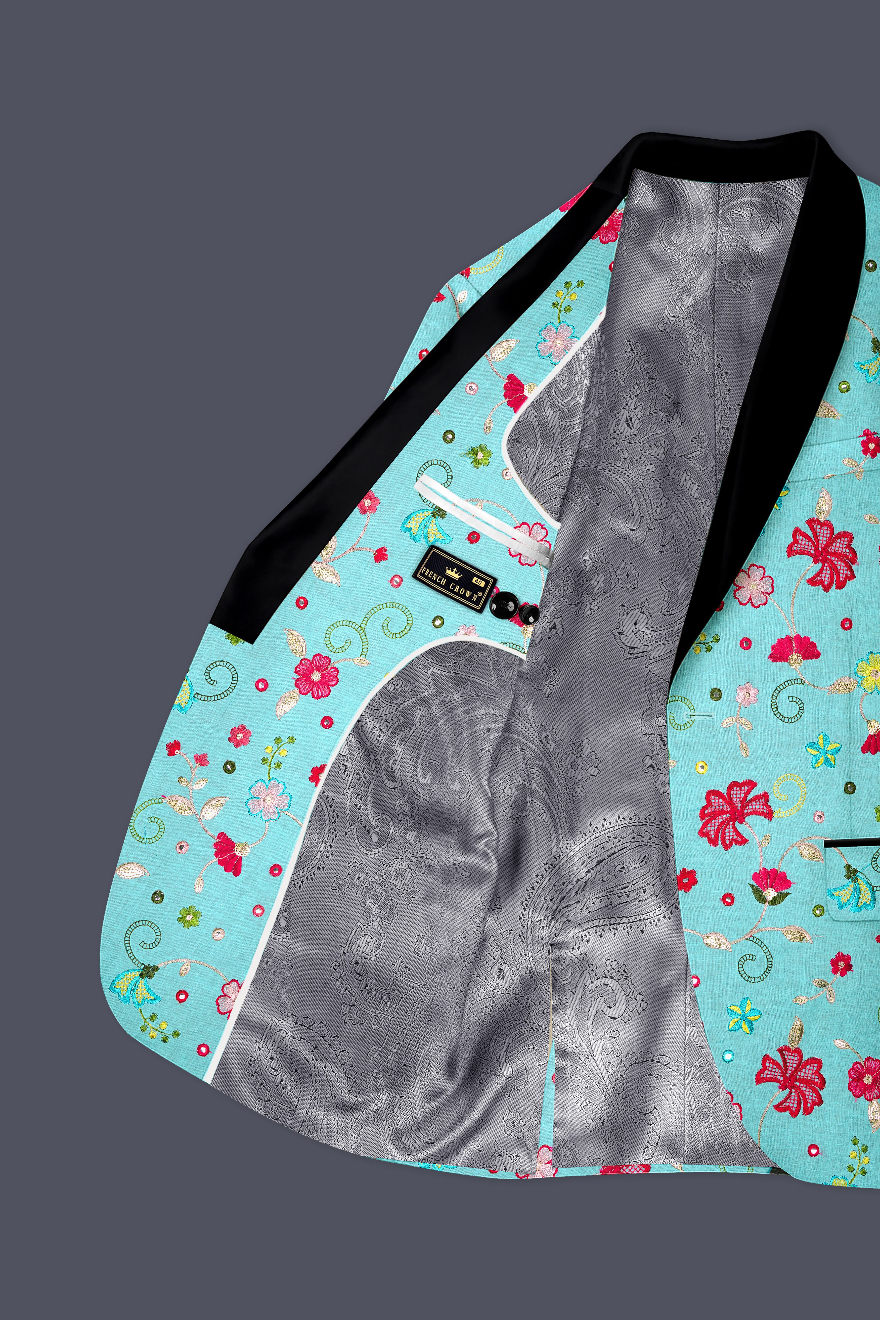 Rosavon-Cyan Blue and Charm Pink Floral Cotton Thread Embroidered Designer Tuxedo Suit