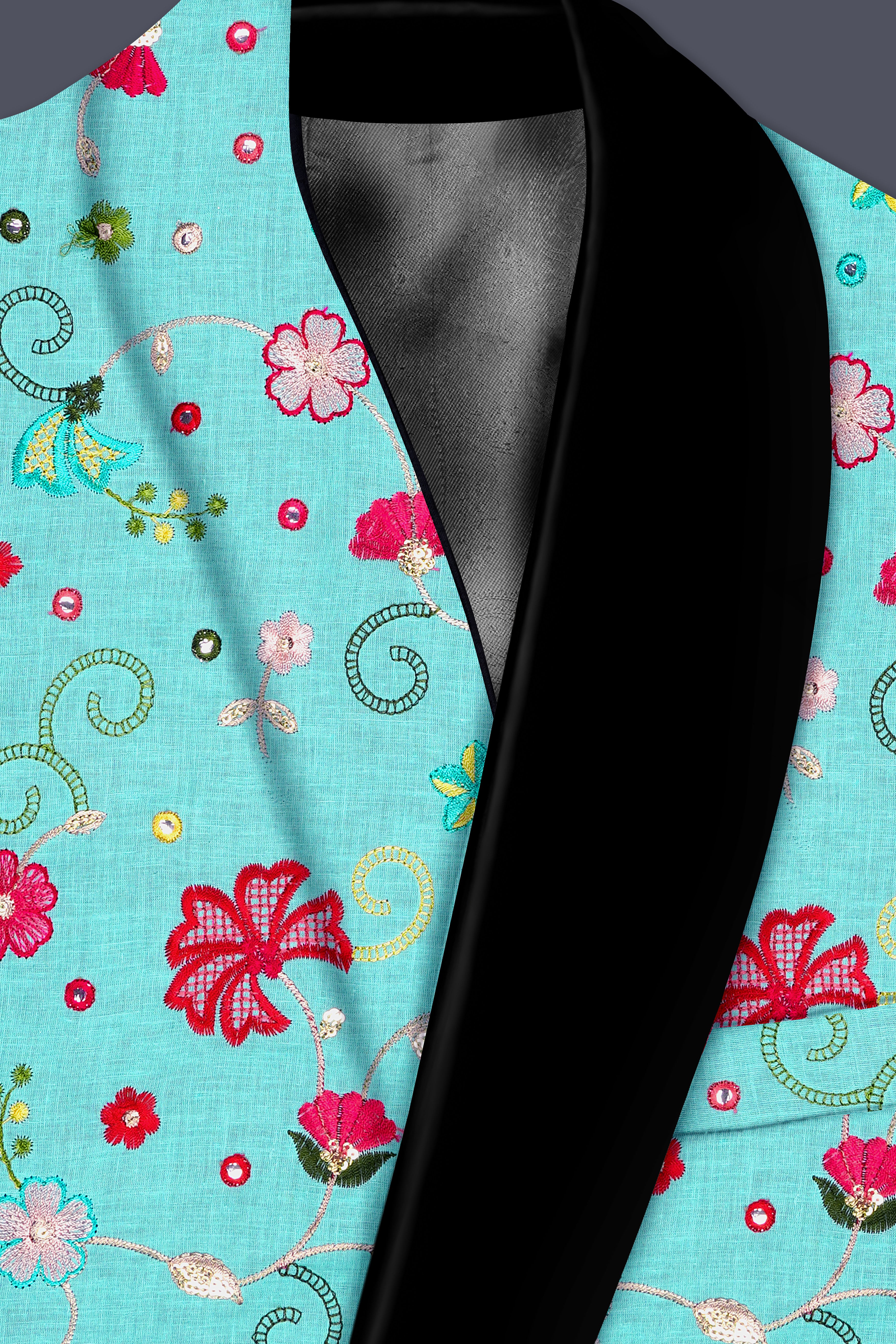 Rosavon-Cyan Blue and Charm Pink Floral Cotton Thread Embroidered Designer Tuxedo Suit