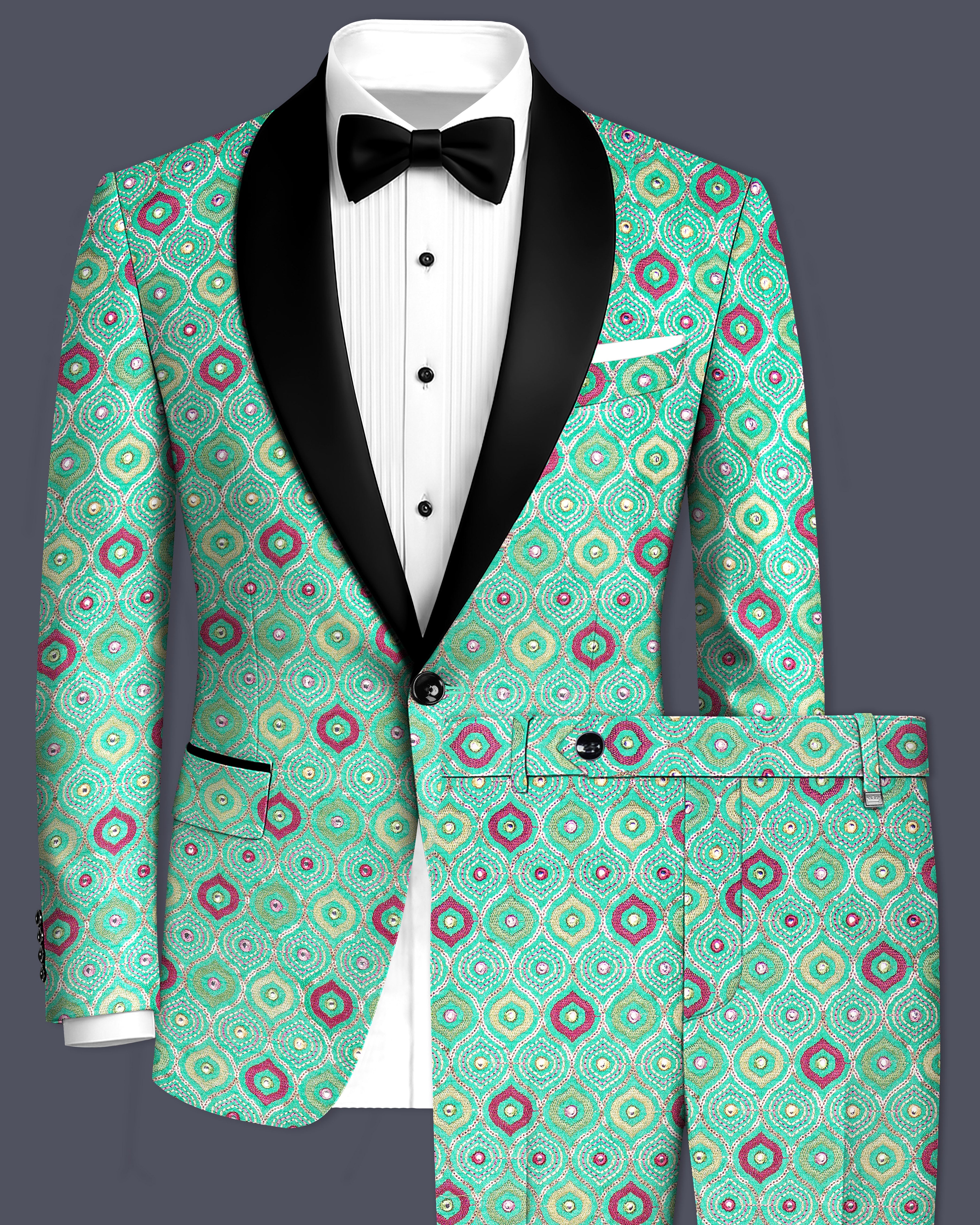 Florambre-Bermuda Green and Charm Pink Ogee Cotton Thread Embroidered Designer Tuxedo Suit