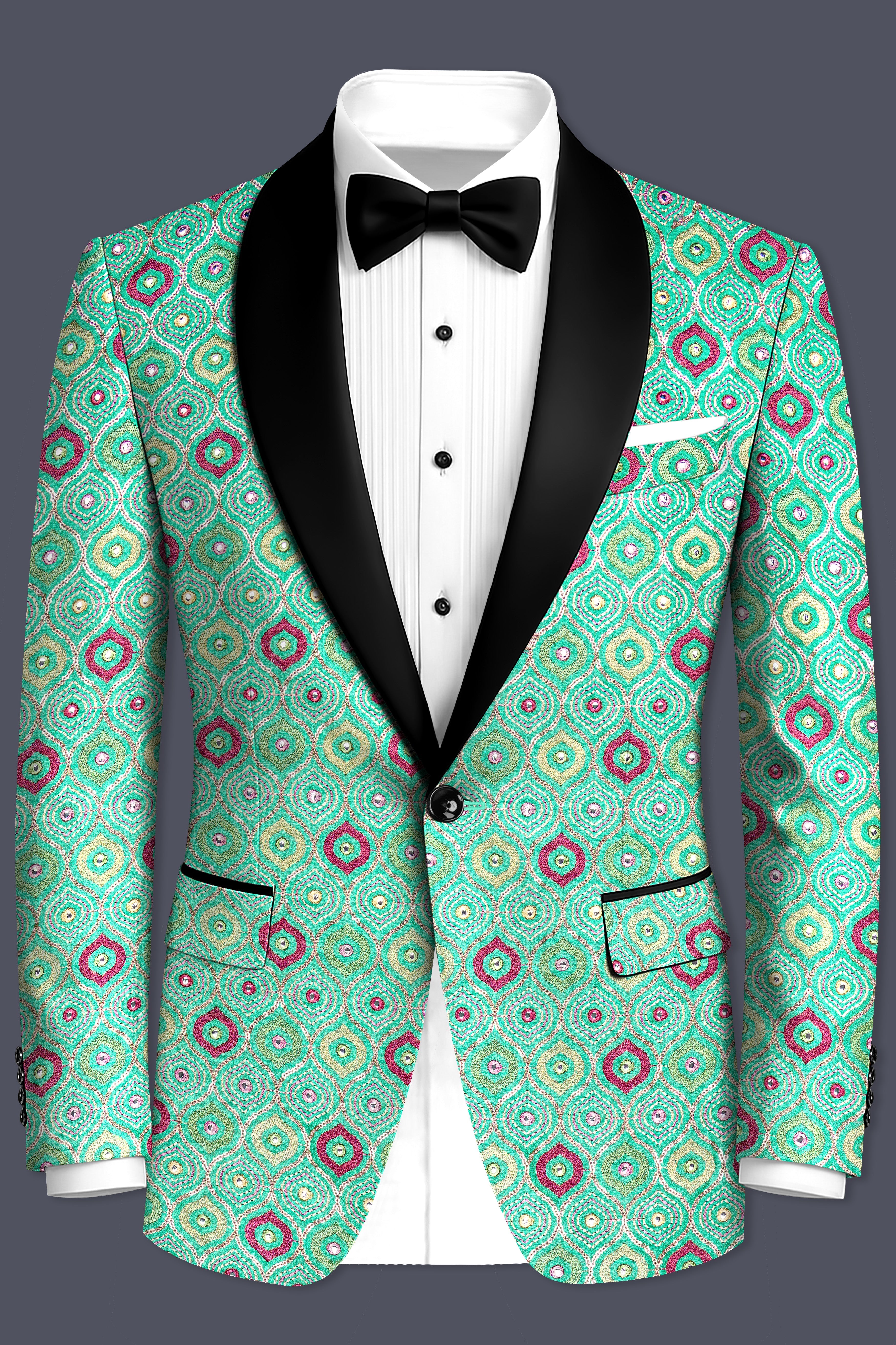 Florambre-Bermuda Green and Charm Pink Ogee Cotton Thread Embroidered Designer Tuxedo Suit