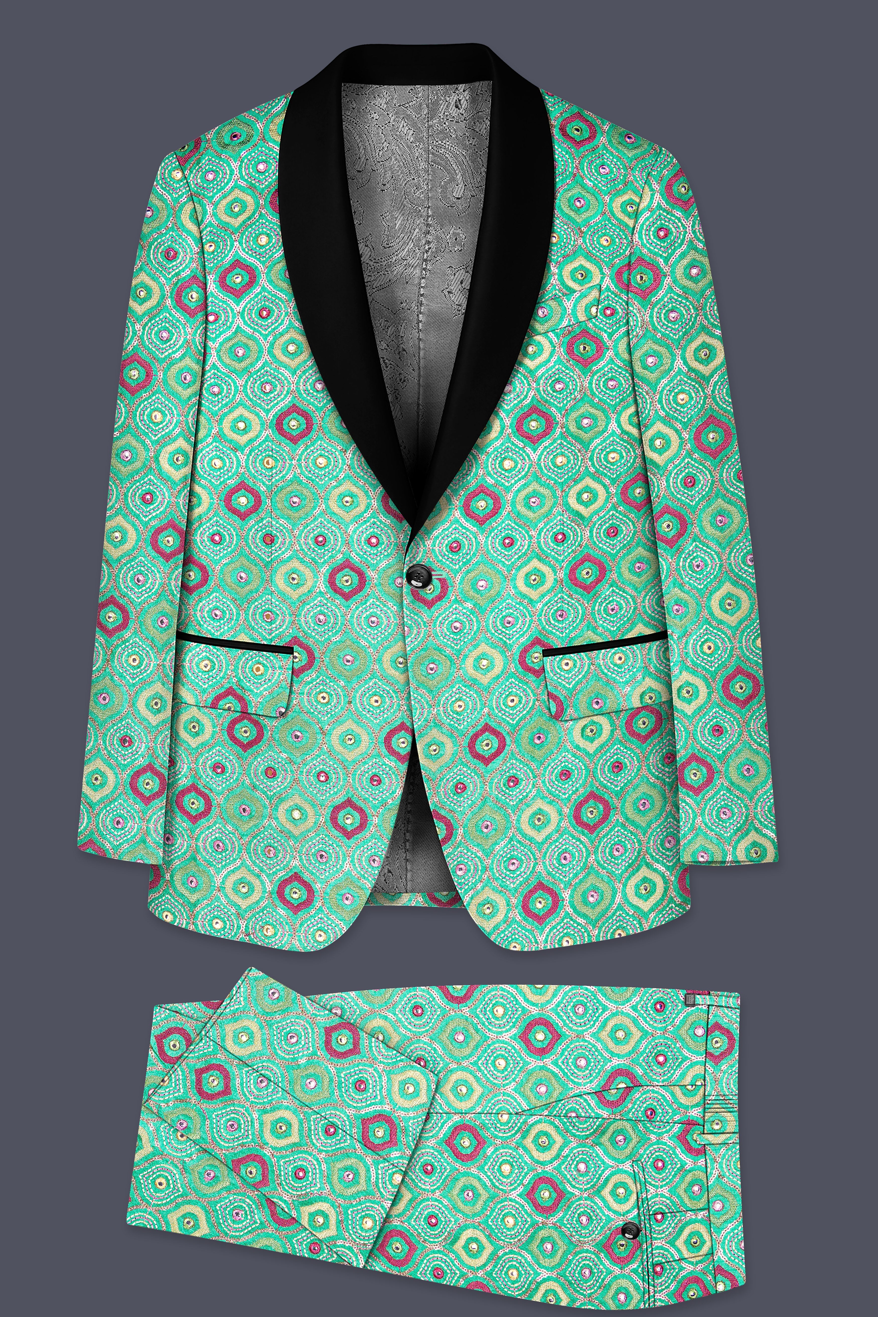 Florambre-Bermuda Green and Charm Pink Ogee Cotton Thread Embroidered Designer Tuxedo Suit