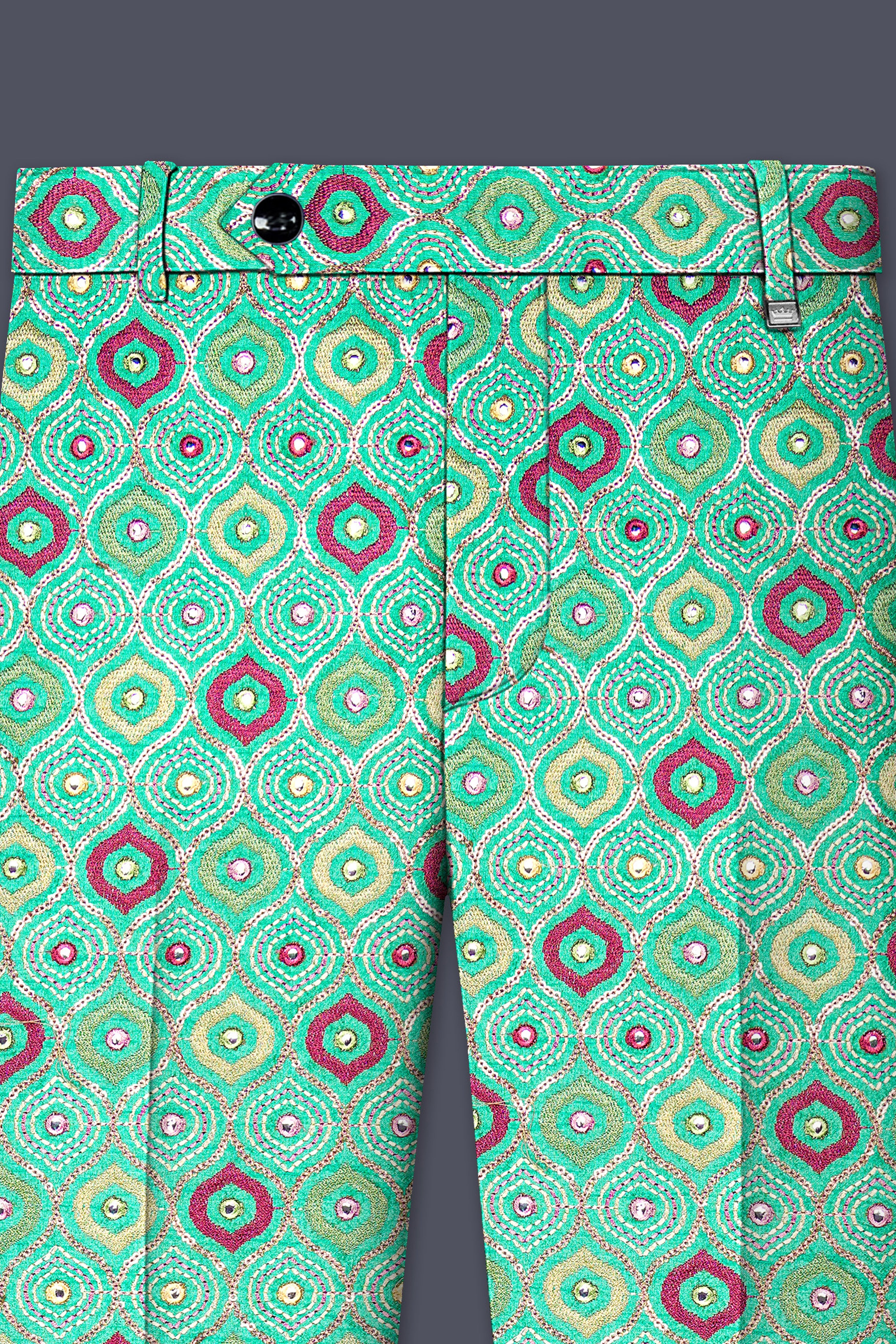 Florambre-Bermuda Green and Charm Pink Ogee Cotton Thread Embroidered Designer Tuxedo Suit